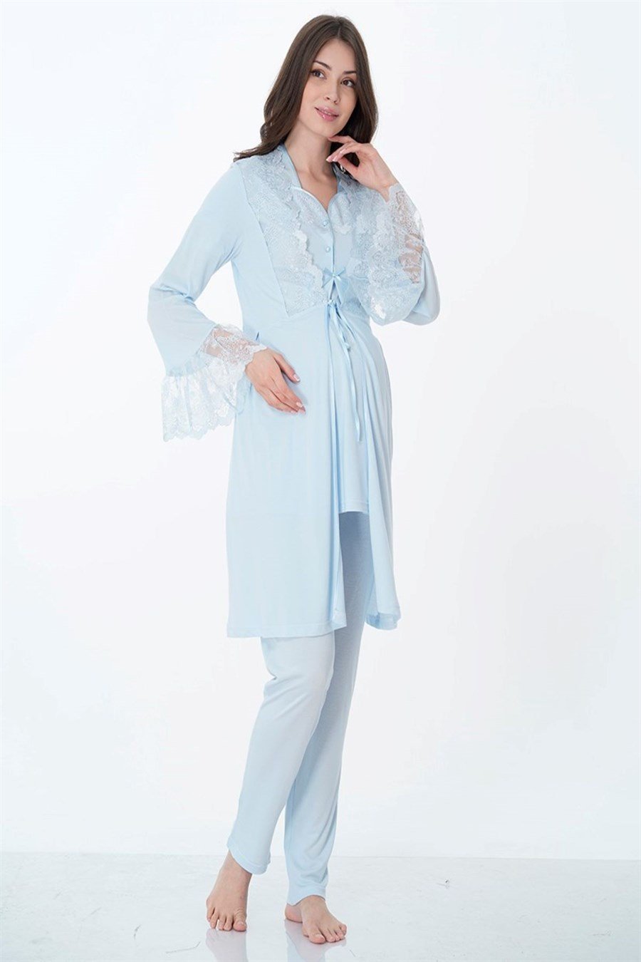 Effortt 9014 Mavi Sabahlıklı Lohusa Pijama Takımı