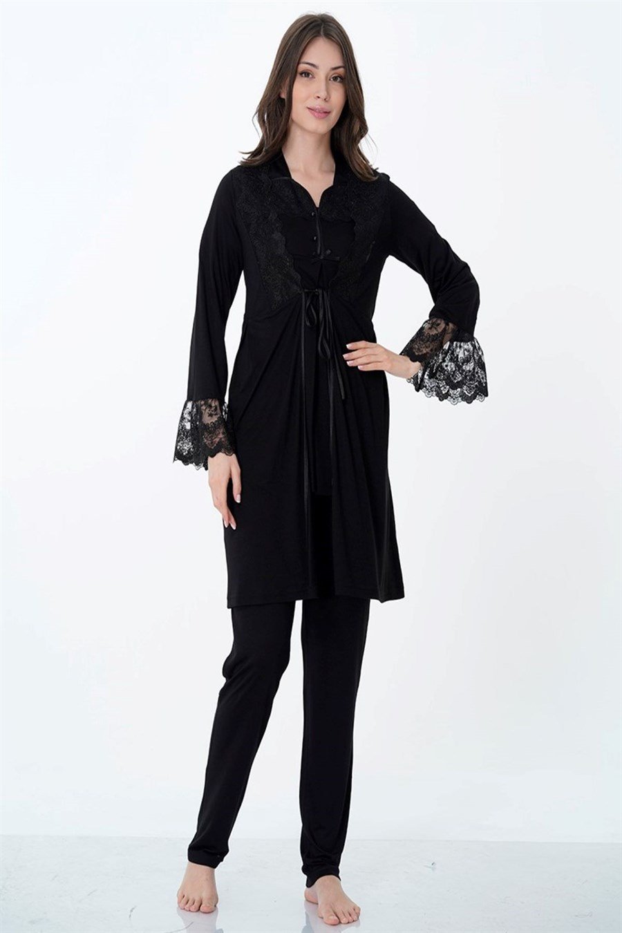 Effortt 9014 Siyah Sabahlıklı Lohusa Pijama Takımı