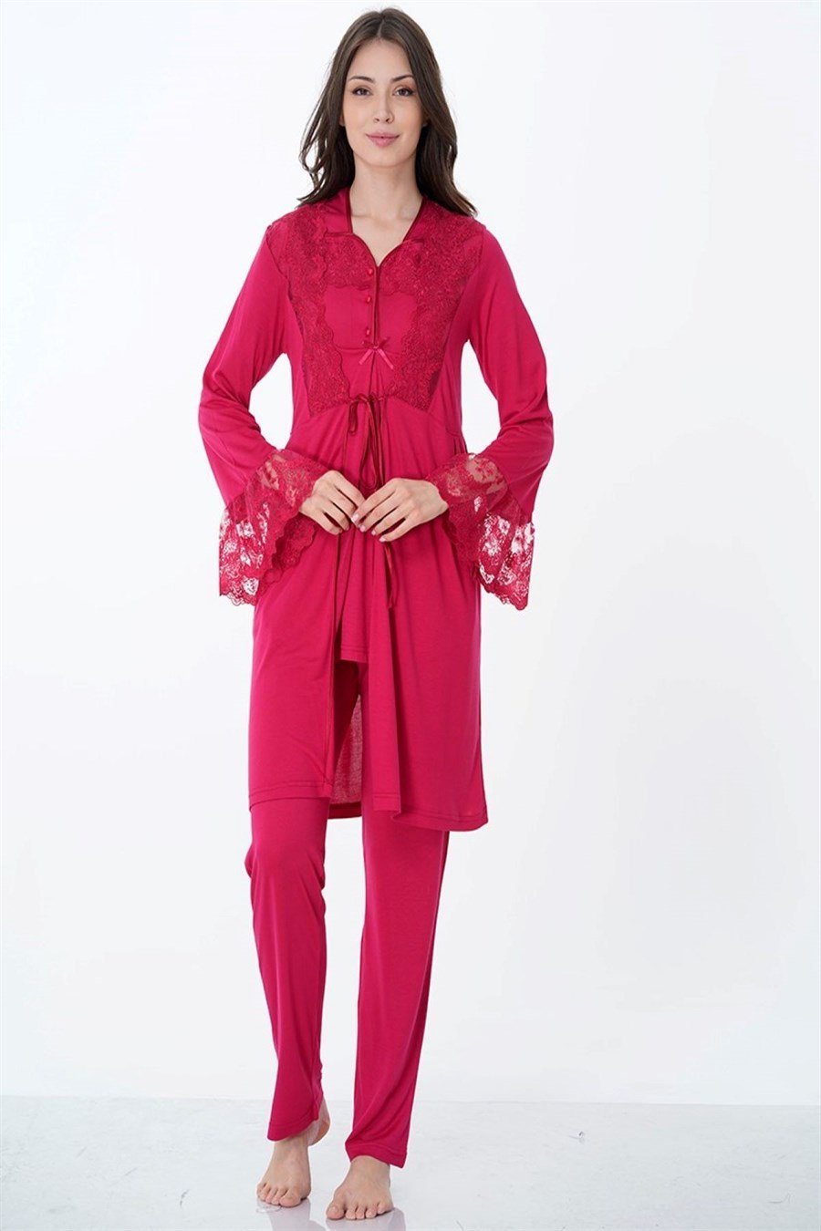 Effortt 9014 Vişne Sabahlıklı Lohusa Pijama Takımı