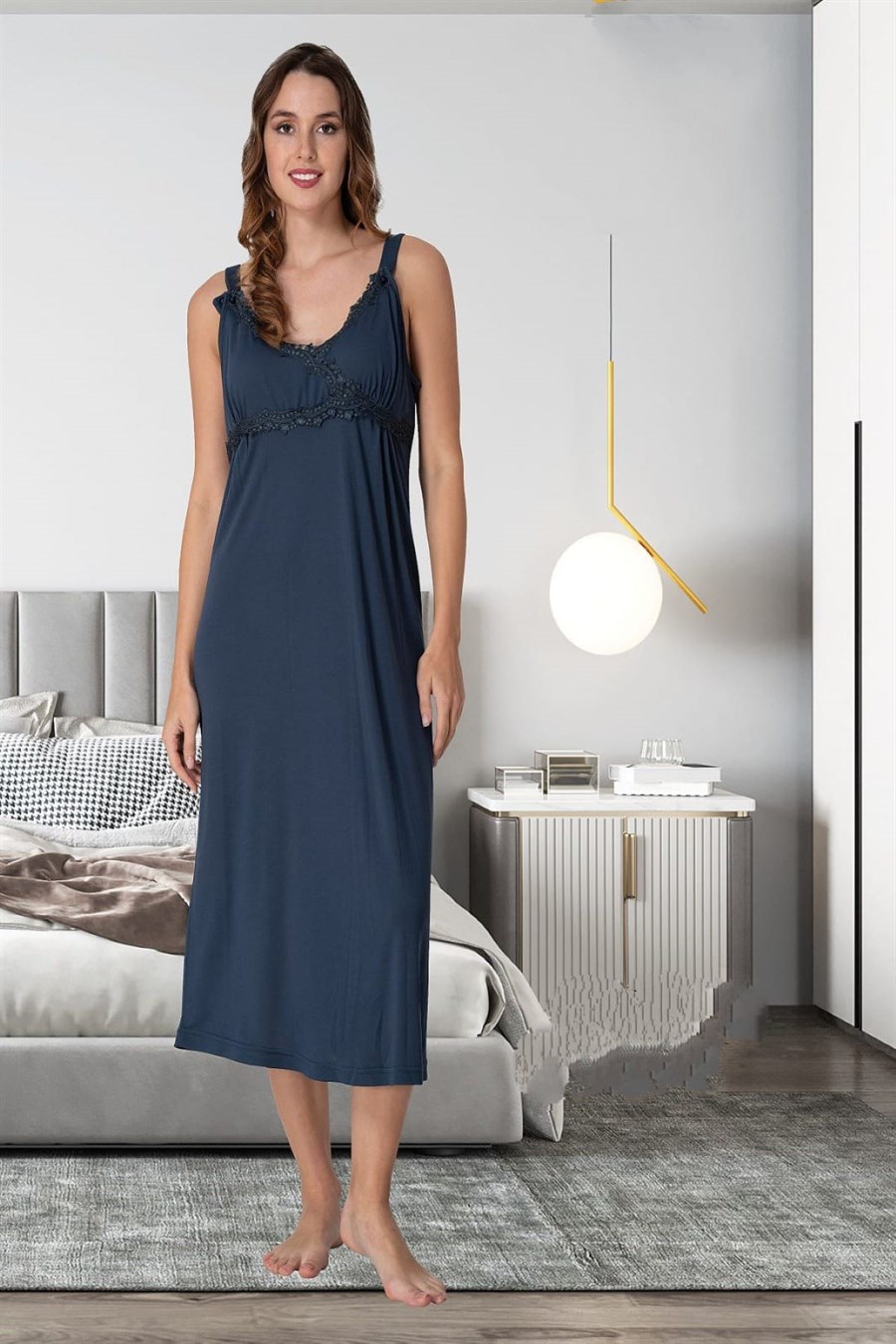Effortt 9033 Lacivert İp Askılı Hamile Lohusa Gecelik