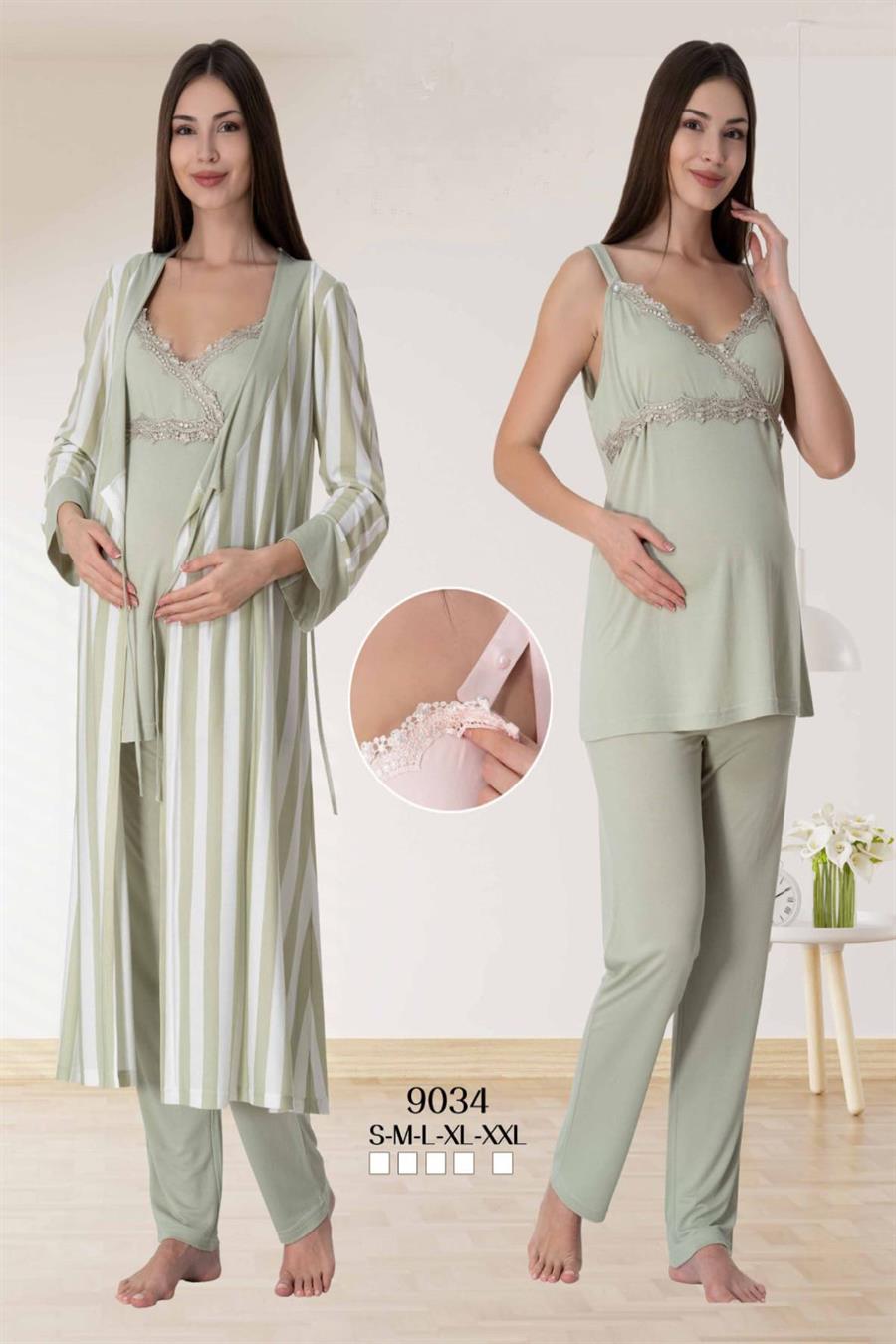 Effortt 9034 Yeşil Sabahlıklı Hamile Lohusa Pijama Takımı