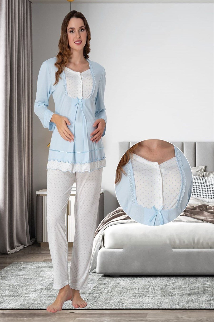 Effortt 9052 Mavi Hamile Lohusa Pijama Takımı