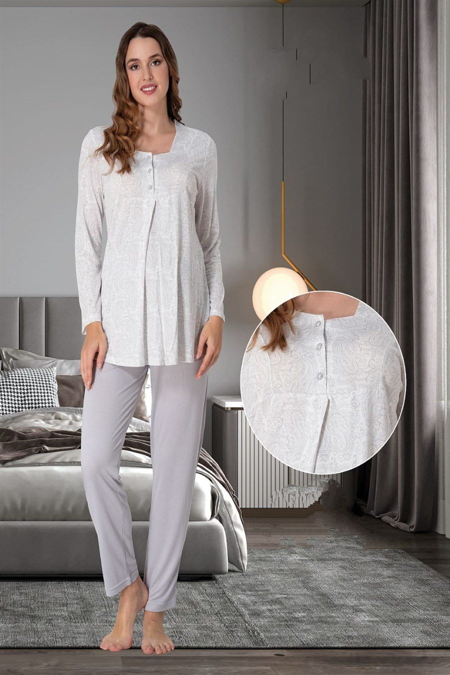 Effortt 9072 Gri Hamile Lohusa Pijama Takımı