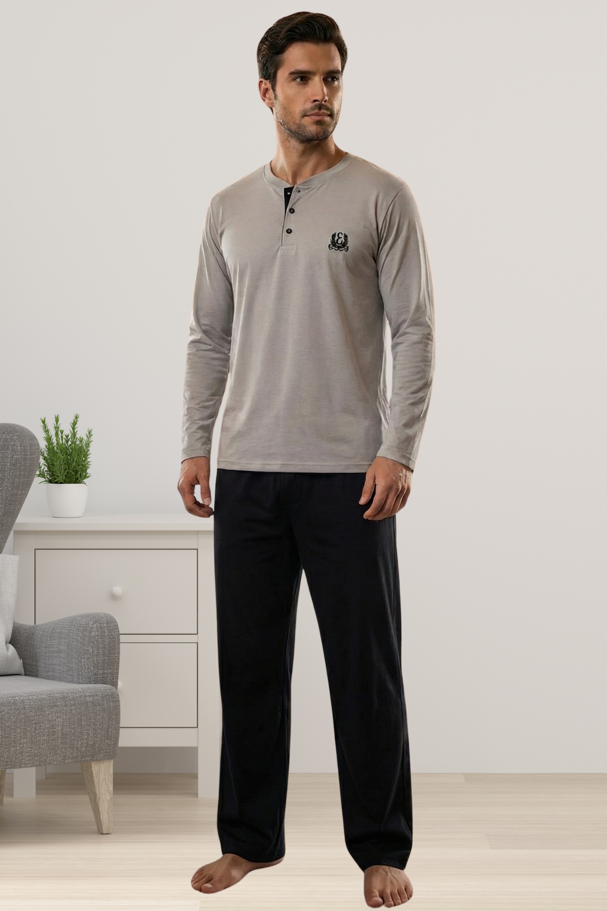 Effortt 920 Gri %100 Pamuklu Kumaş Erkek Pijama Takımı