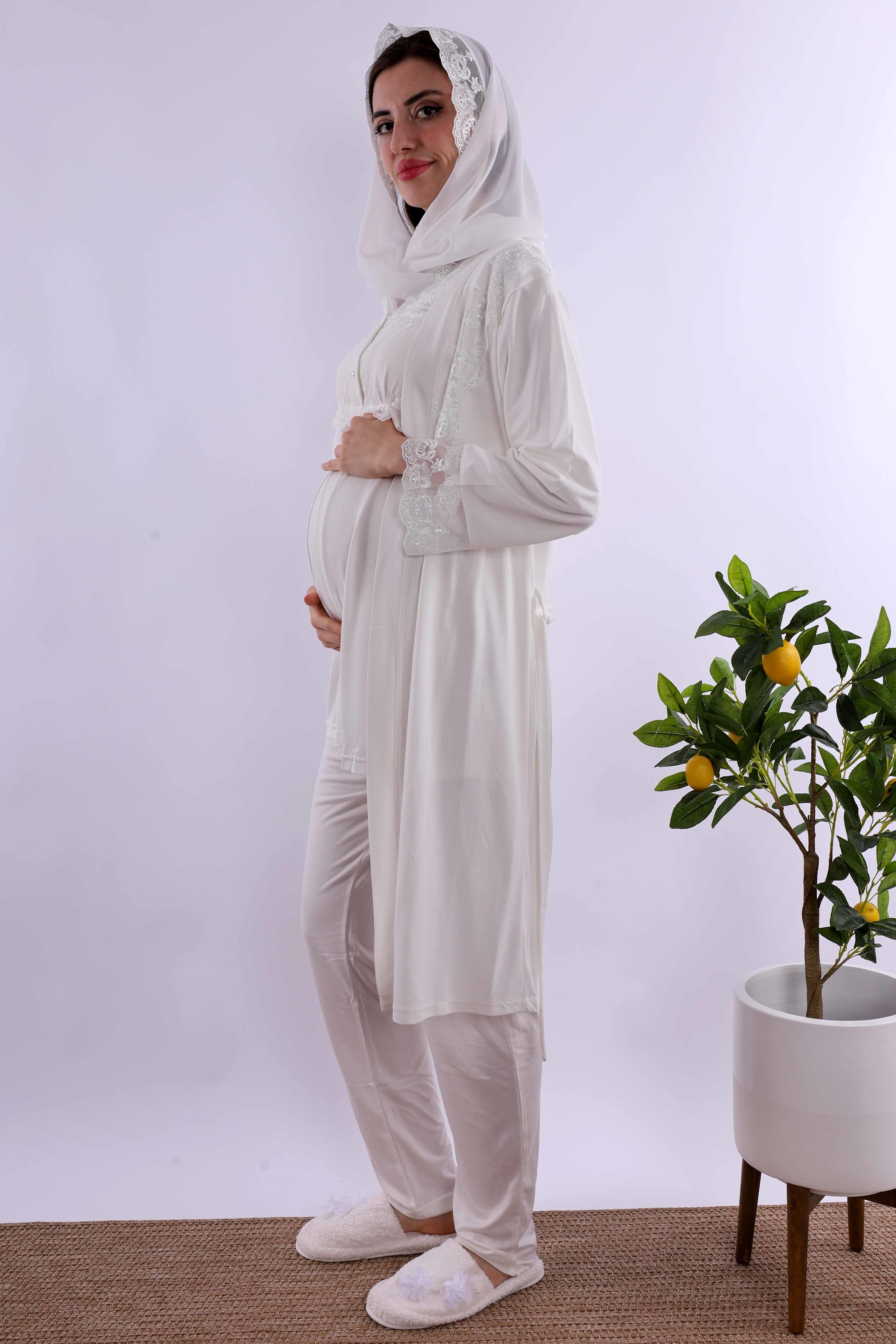 Effortt Ekru Tesettürlü Sabahlıklı Hamile Lohusa Pijama Takımı BYL2T24012