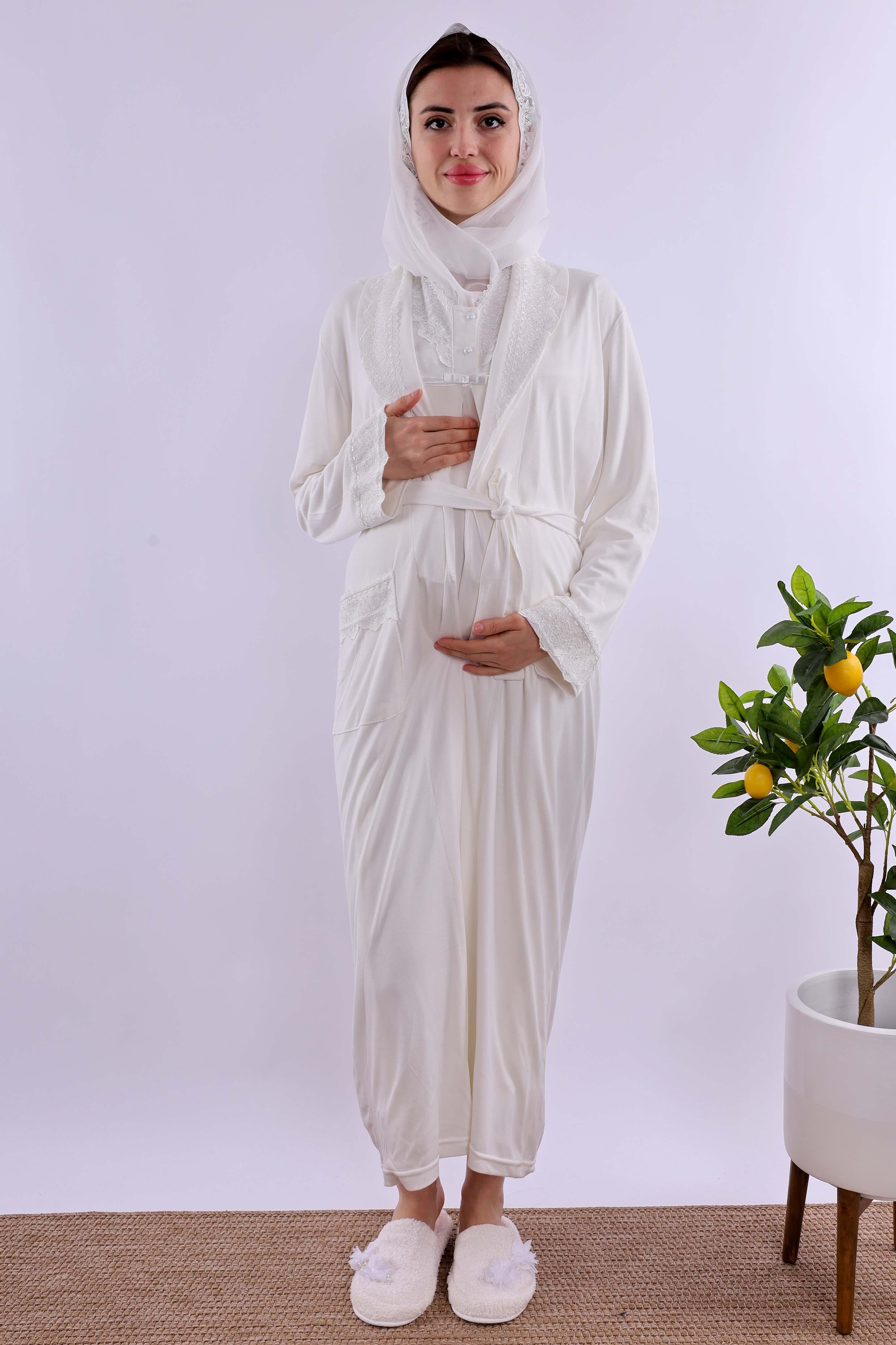 Effortt Ekru Tesettürlü Sabahlıklı Hamile Lohusa Gecelik Takım BYL2T40352