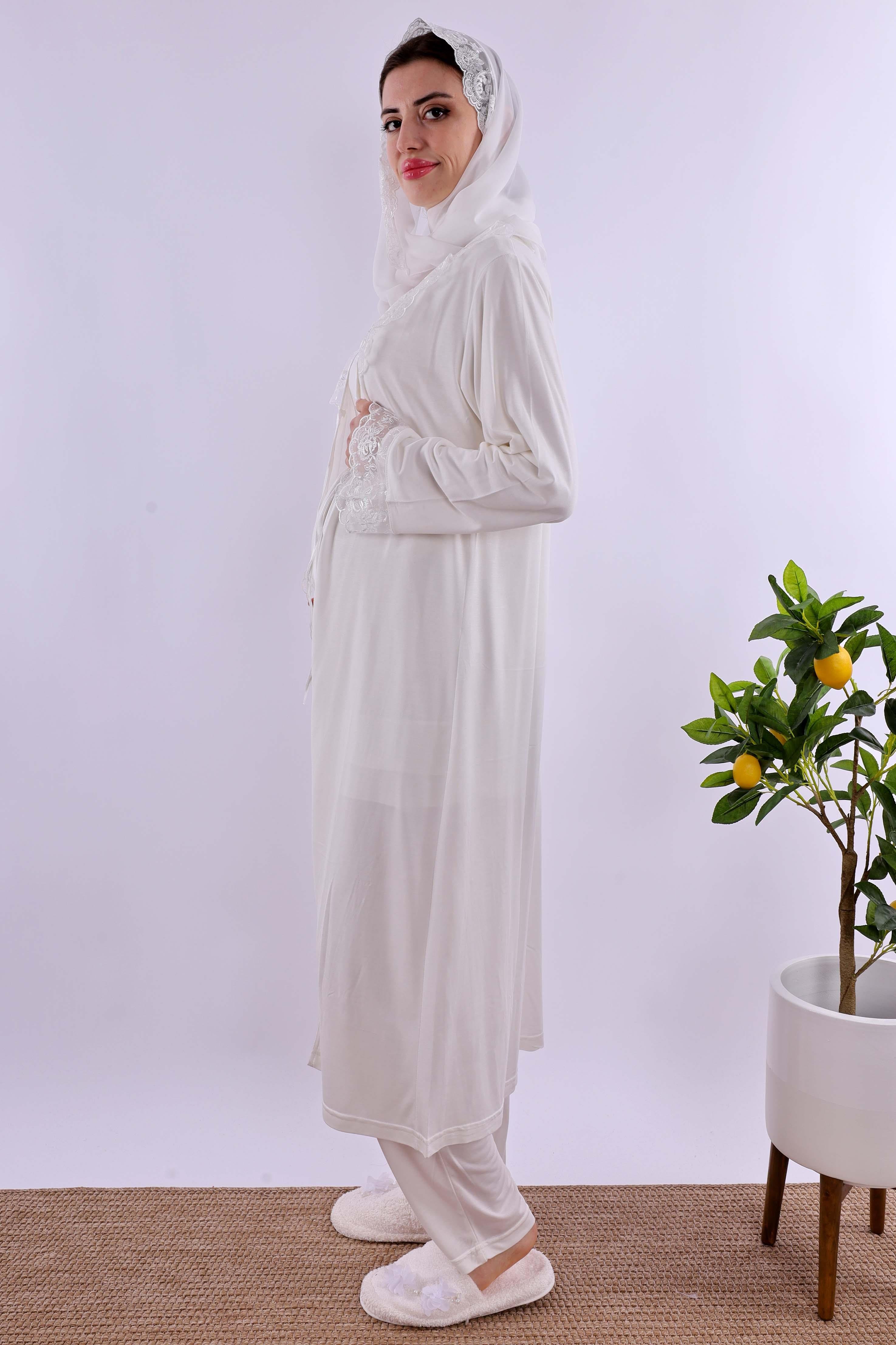 Effortt Ekru Tesettürlü Sabahlıklı Hamile Lohusa Pijama Takımı BYL2T80242