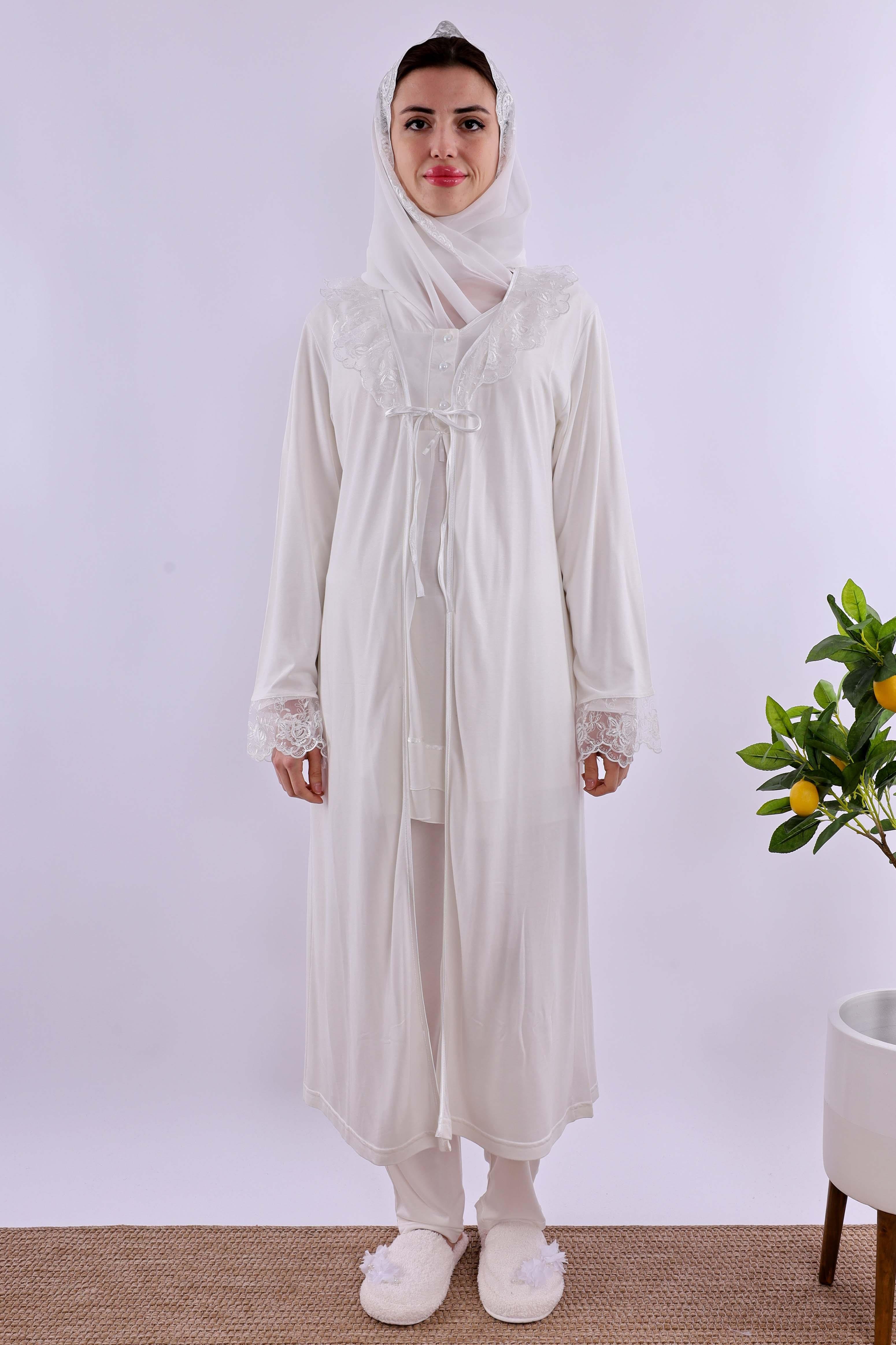 Effortt Ekru Tesettürlü Sabahlıklı Hamile Lohusa Pijama Takımı BYL2T80242