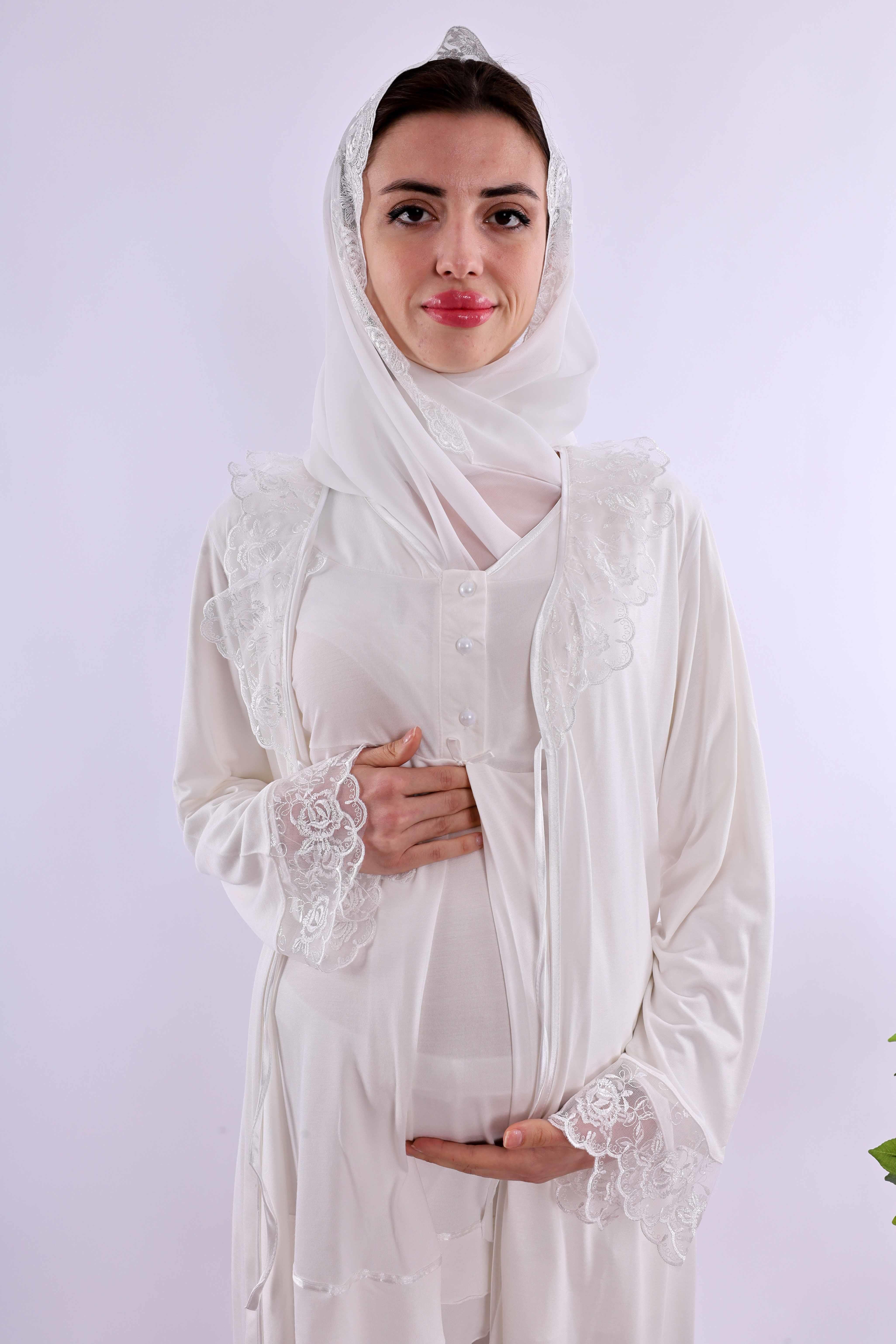 Effortt Ekru Tesettürlü Sabahlıklı Hamile Lohusa Pijama Takımı BYL2T80242