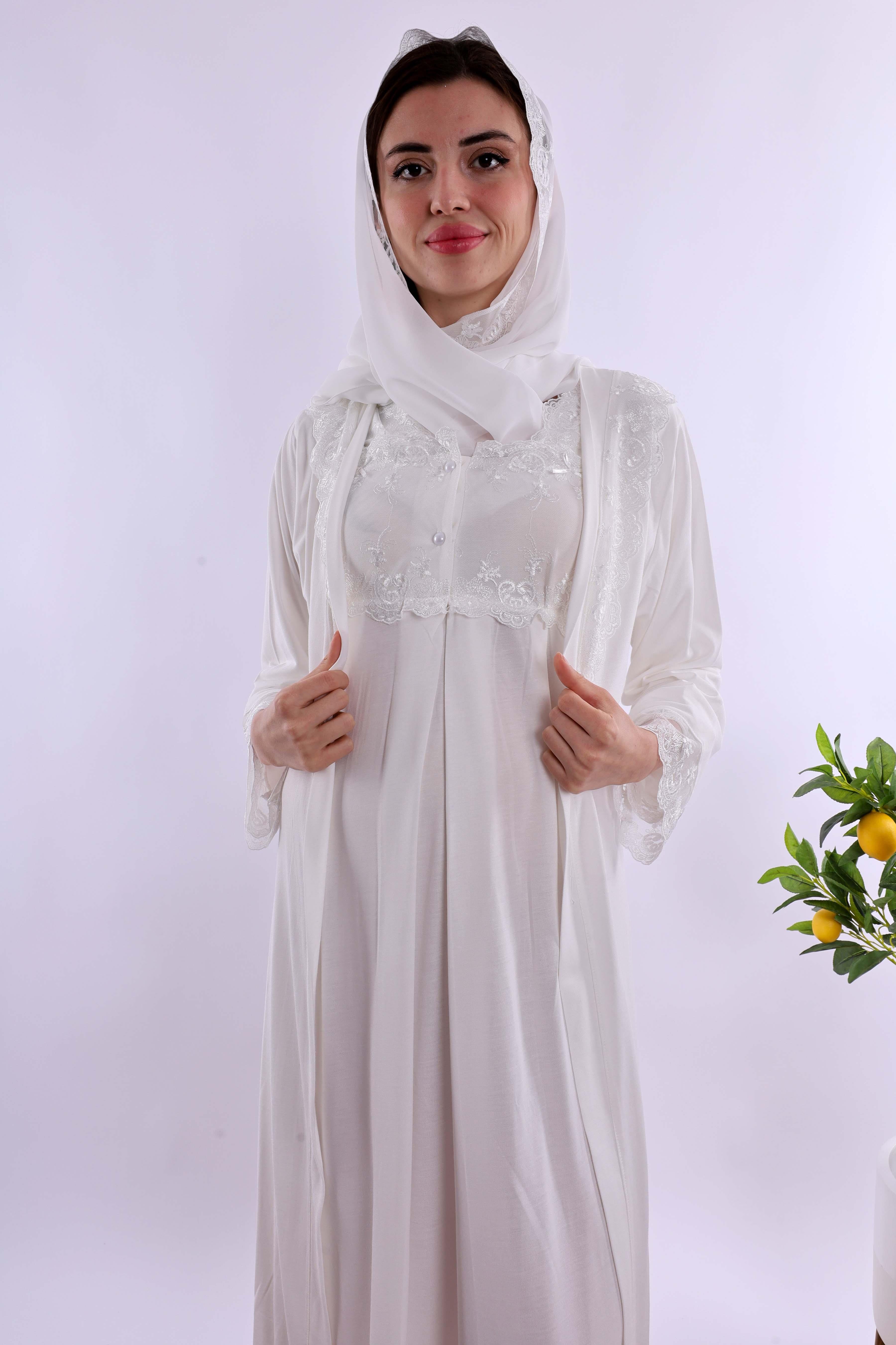 Effortt Ekru Tesettürlü Sabahlıklı Hamile Lohusa Gecelik Takım BYL2T24022