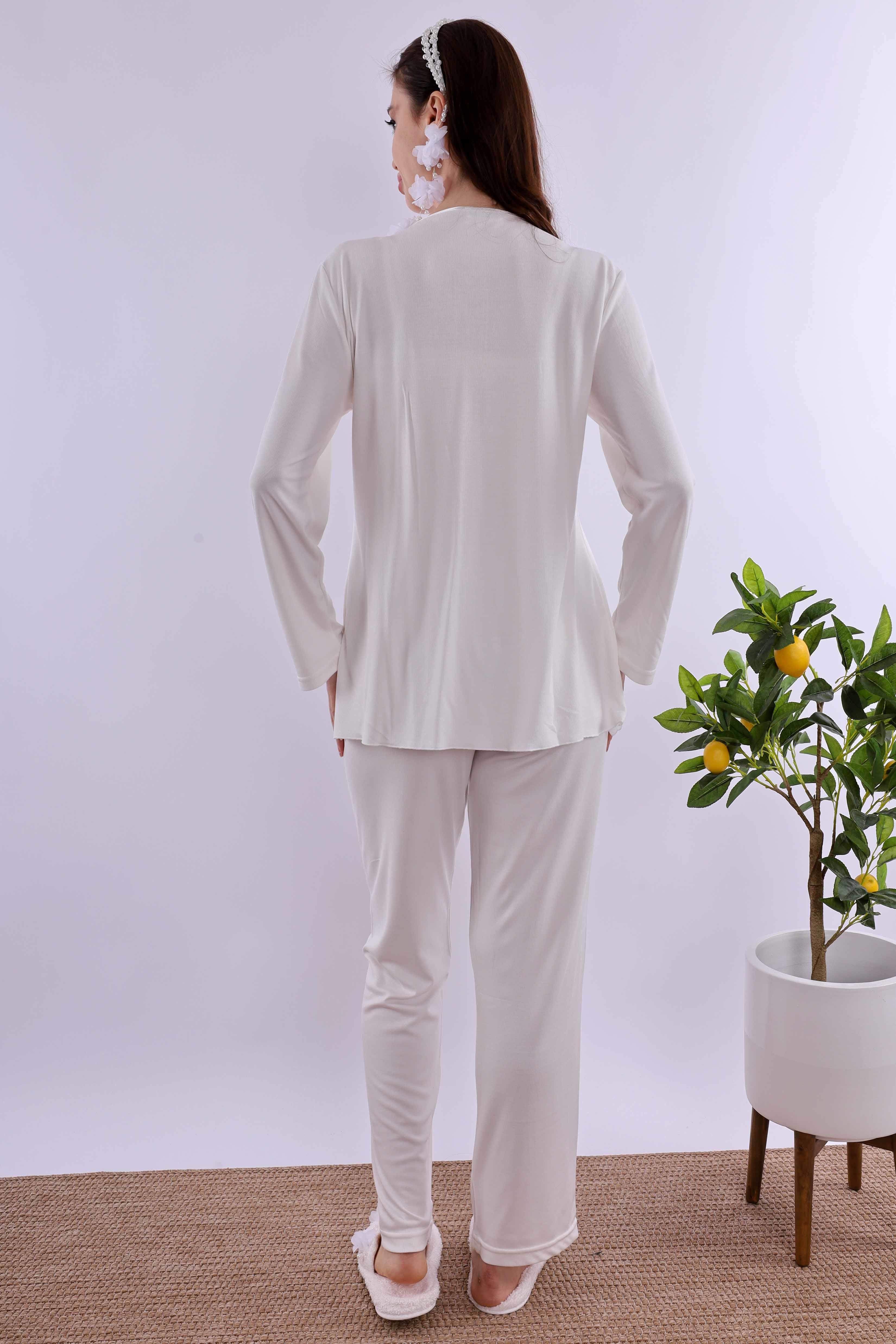 Effortt Ekru Tesettürlü Sabahlıklı Hamile Lohusa Pijama Takımı BYL2T40342