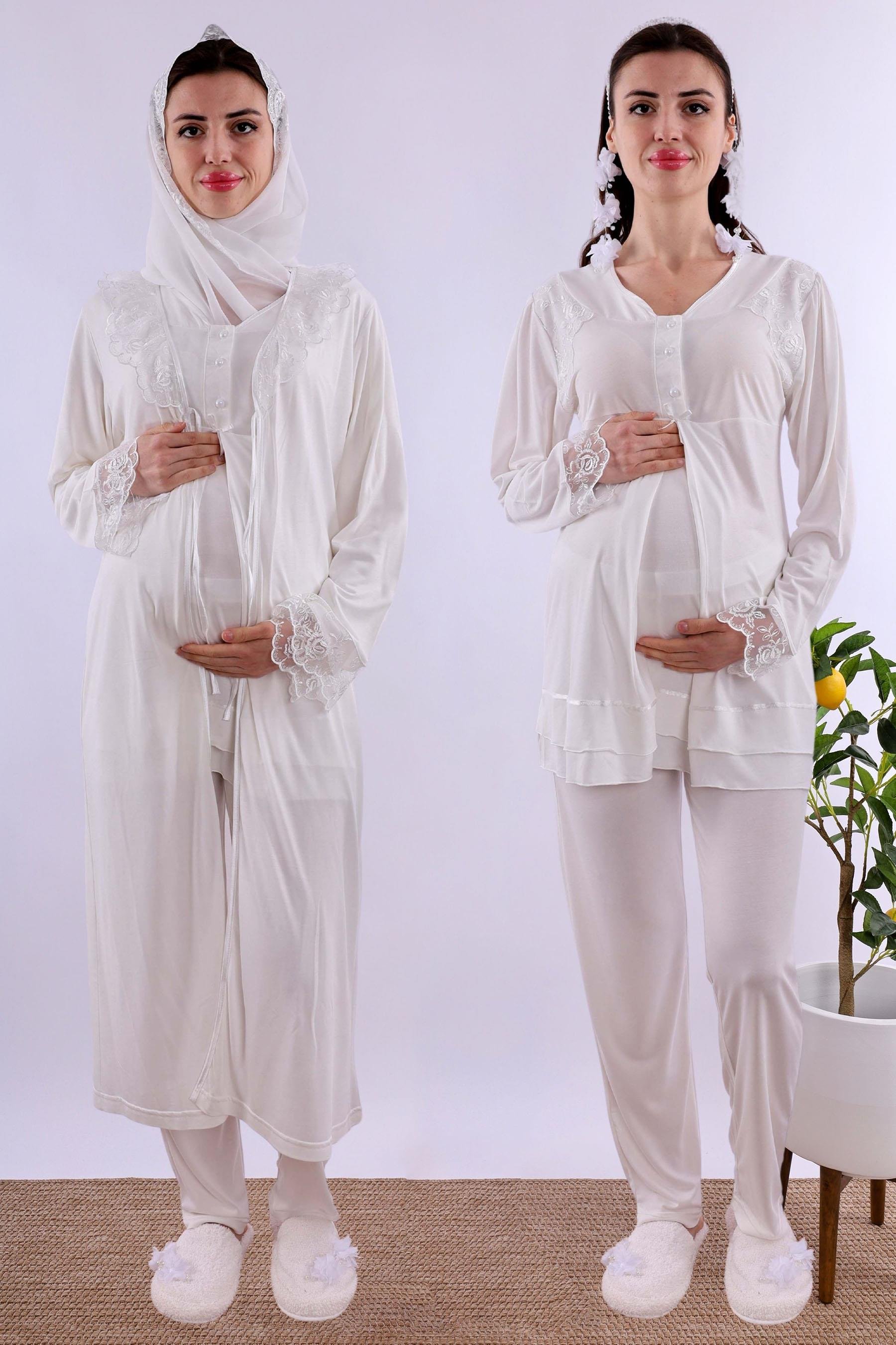 Effortt Ekru Tesettürlü Sabahlıklı Hamile Lohusa Pijama Takımı BYL2T24242