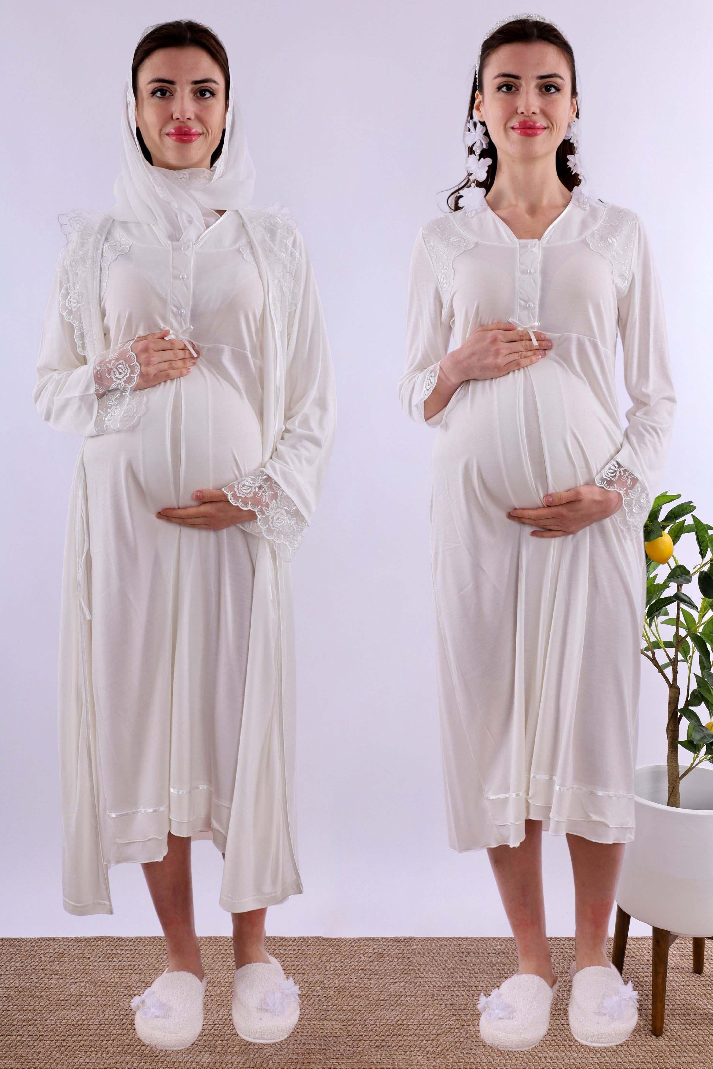 Effortt Ekru Tesettürlü Sabahlıklı Hamile Lohusa Gecelik Takım BYL2T24252