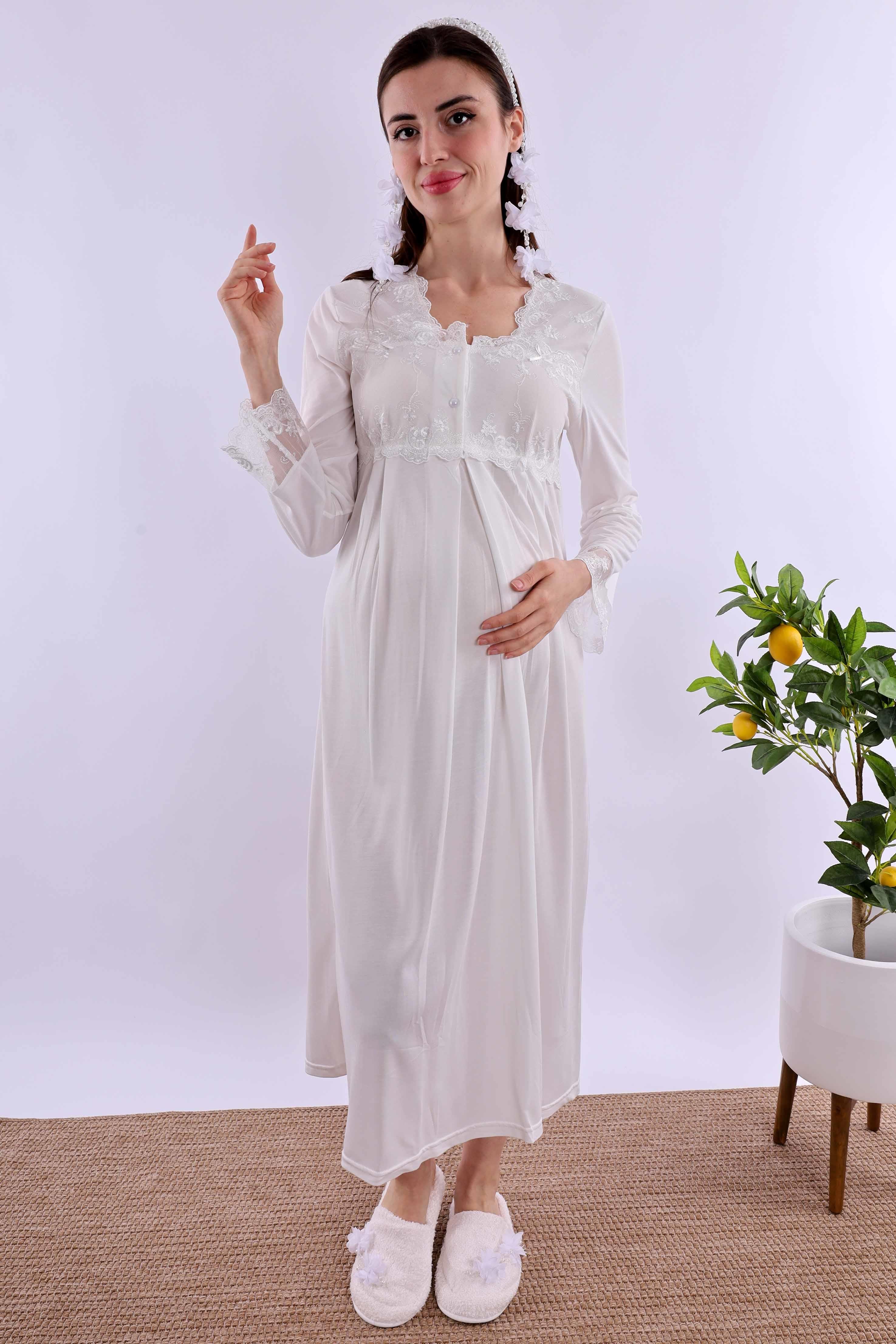 Effortt Ekru Tesettürlü Sabahlıklı Hamile Lohusa Gecelik Takım BYL2T24022