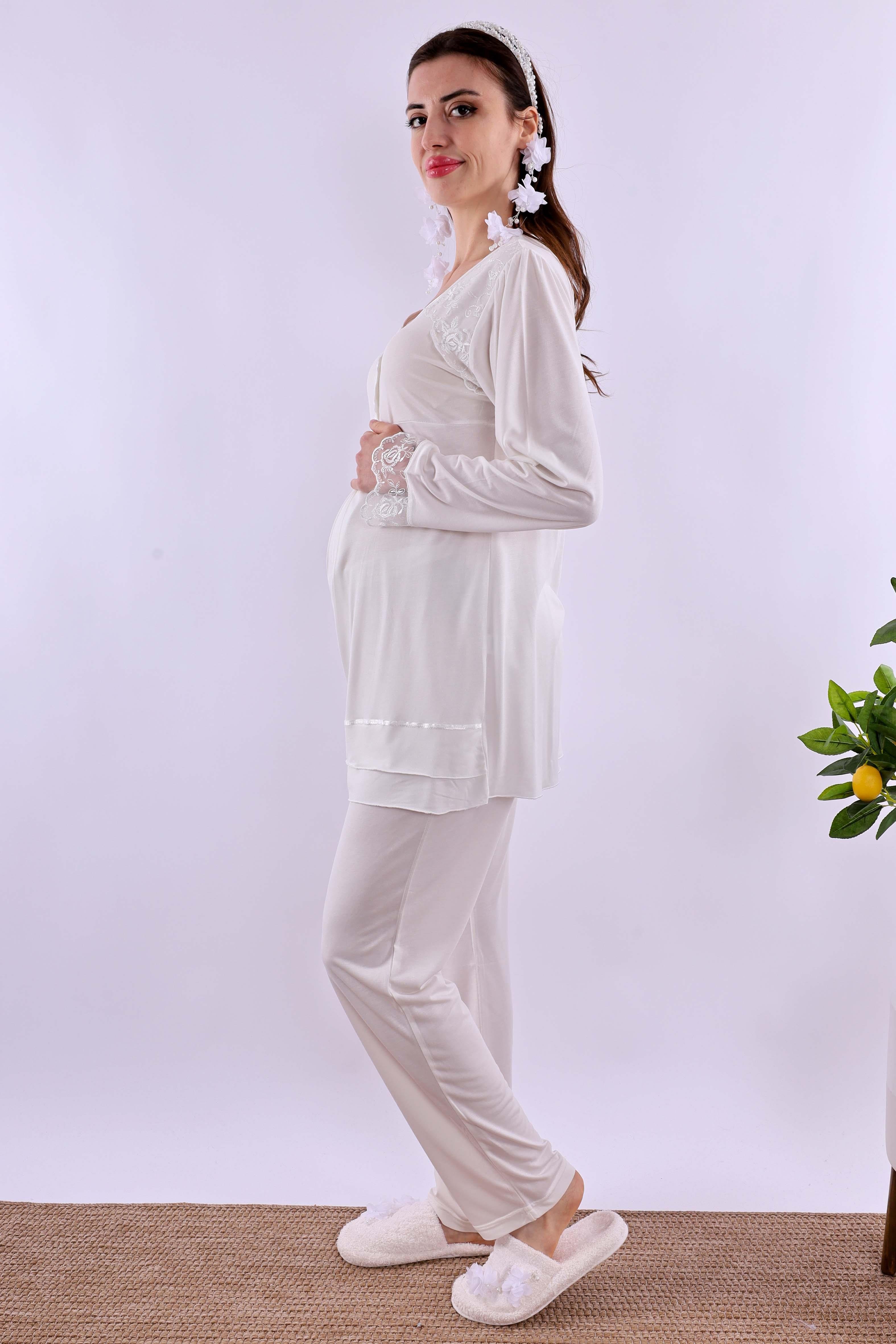 Effortt Ekru Tesettürlü Sabahlıklı Hamile Lohusa Pijama Takımı BYL2T24242