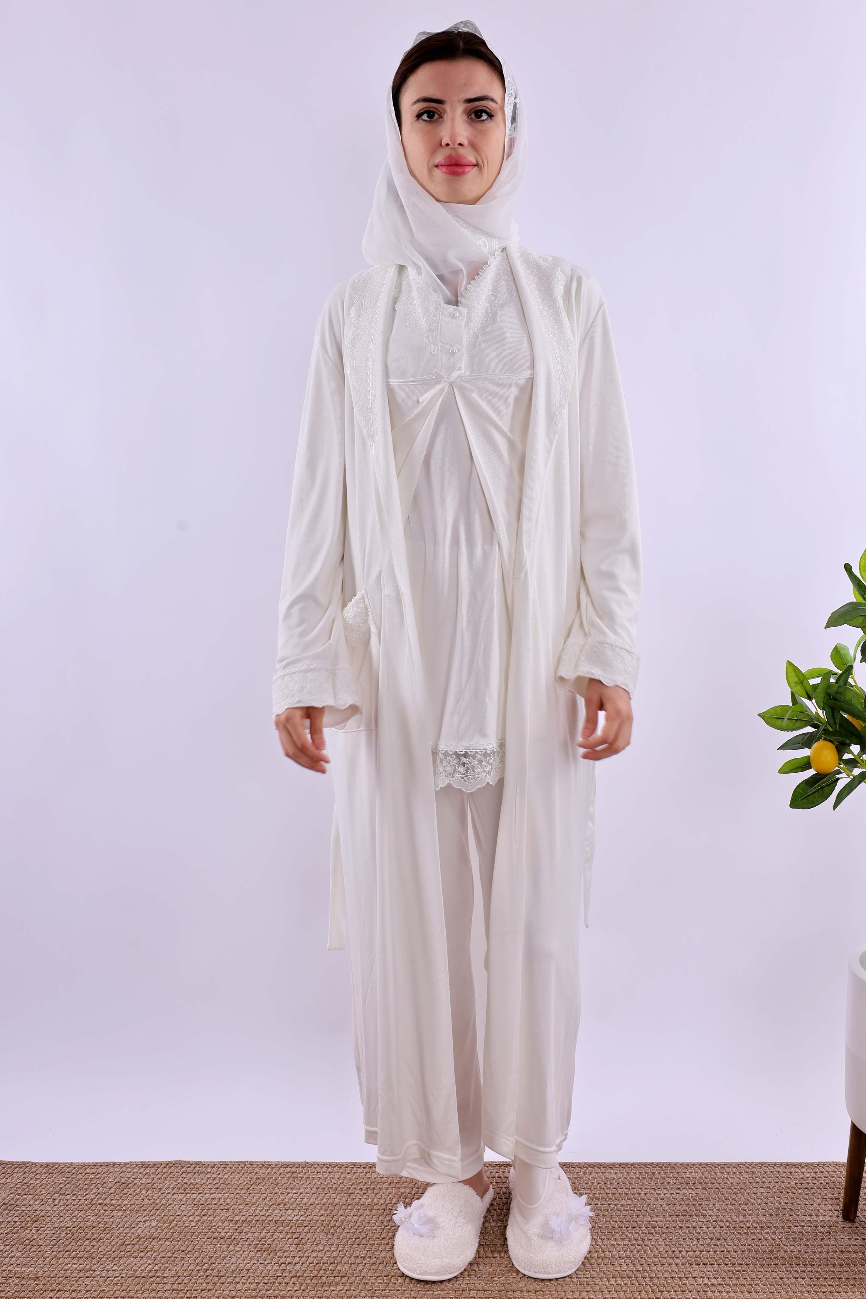 Effortt Ekru Tesettürlü Sabahlıklı Hamile Lohusa Pijama Takımı BYL2T40342