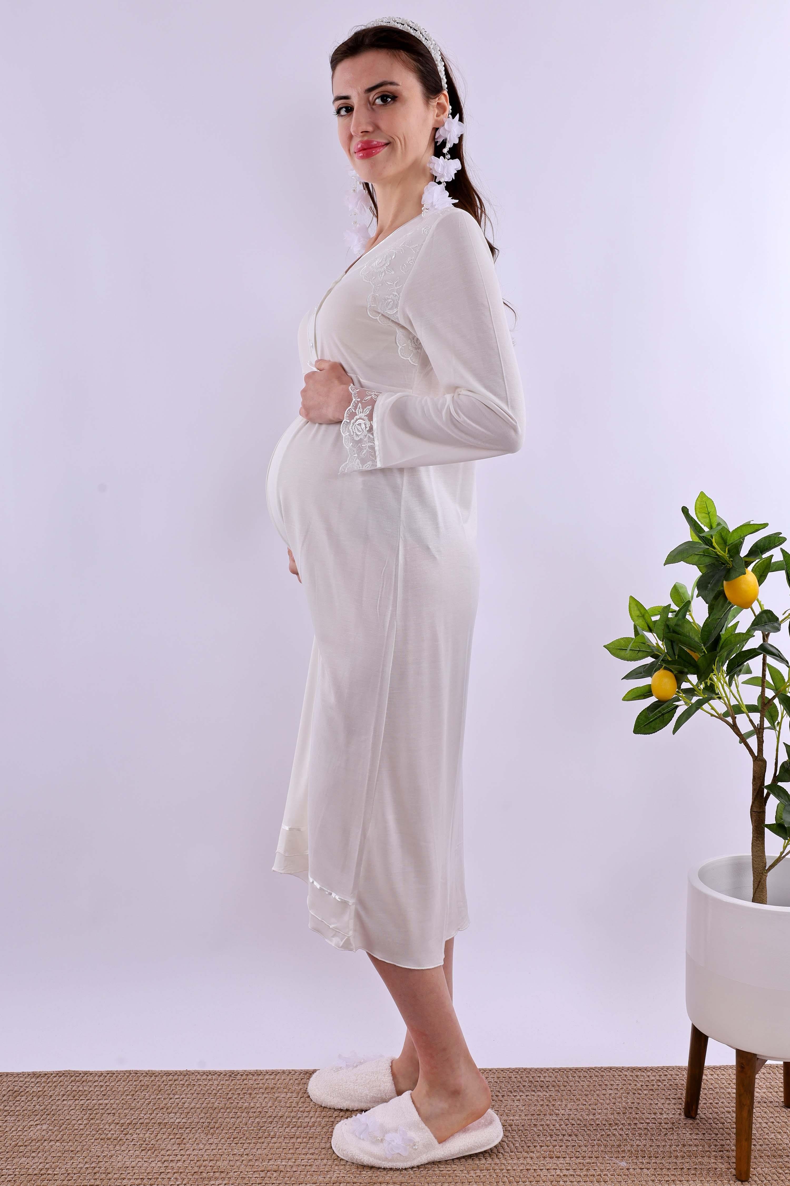 Effortt Ekru Tesettürlü Sabahlıklı Hamile Lohusa Gecelik Takım BYL2T24252