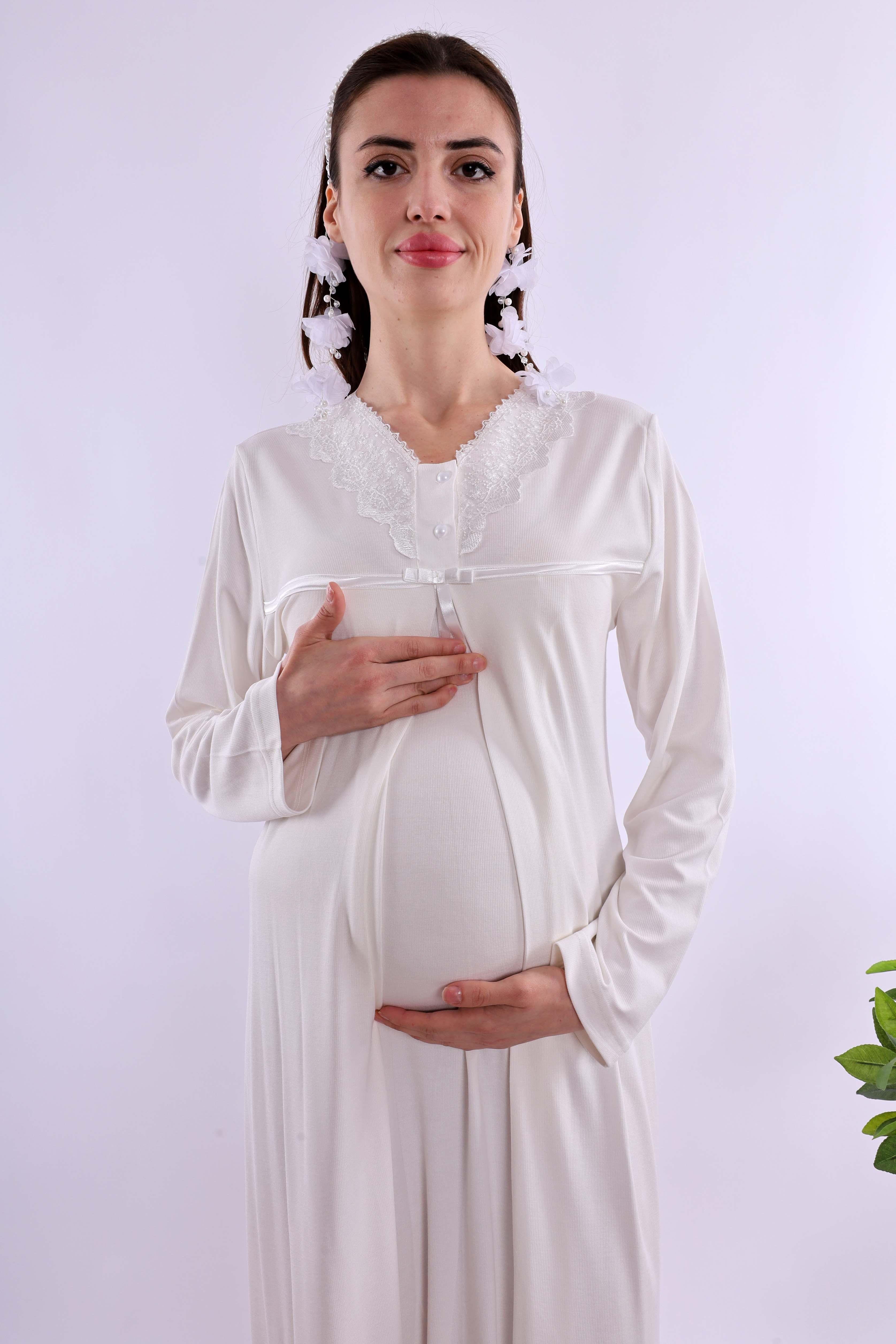 Effortt Ekru Tesettürlü Sabahlıklı Hamile Lohusa Gecelik Takım BYL2T40352