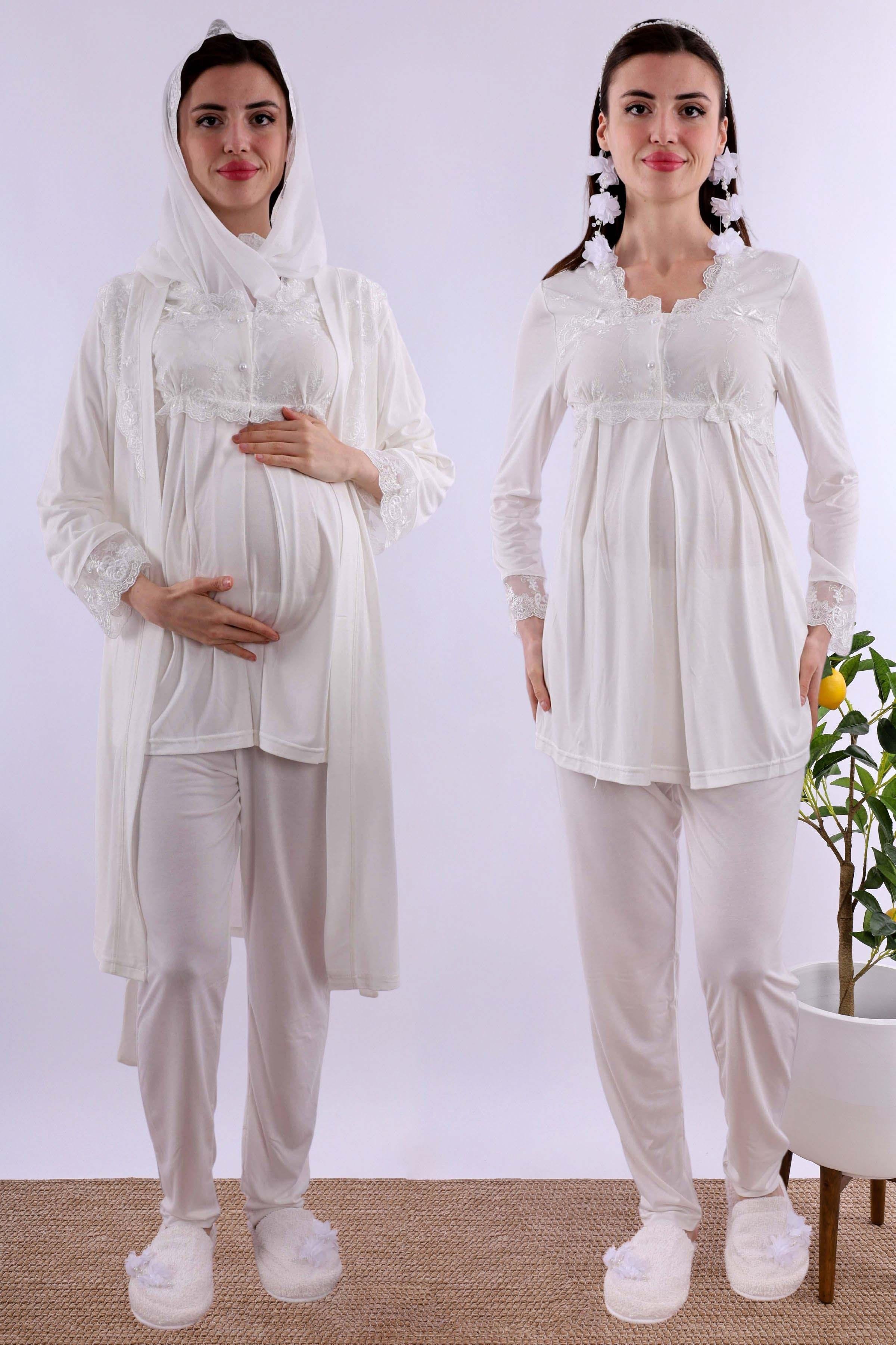 Effortt Ekru Tesettürlü Sabahlıklı Hamile Lohusa Pijama Takımı BYL2T24012