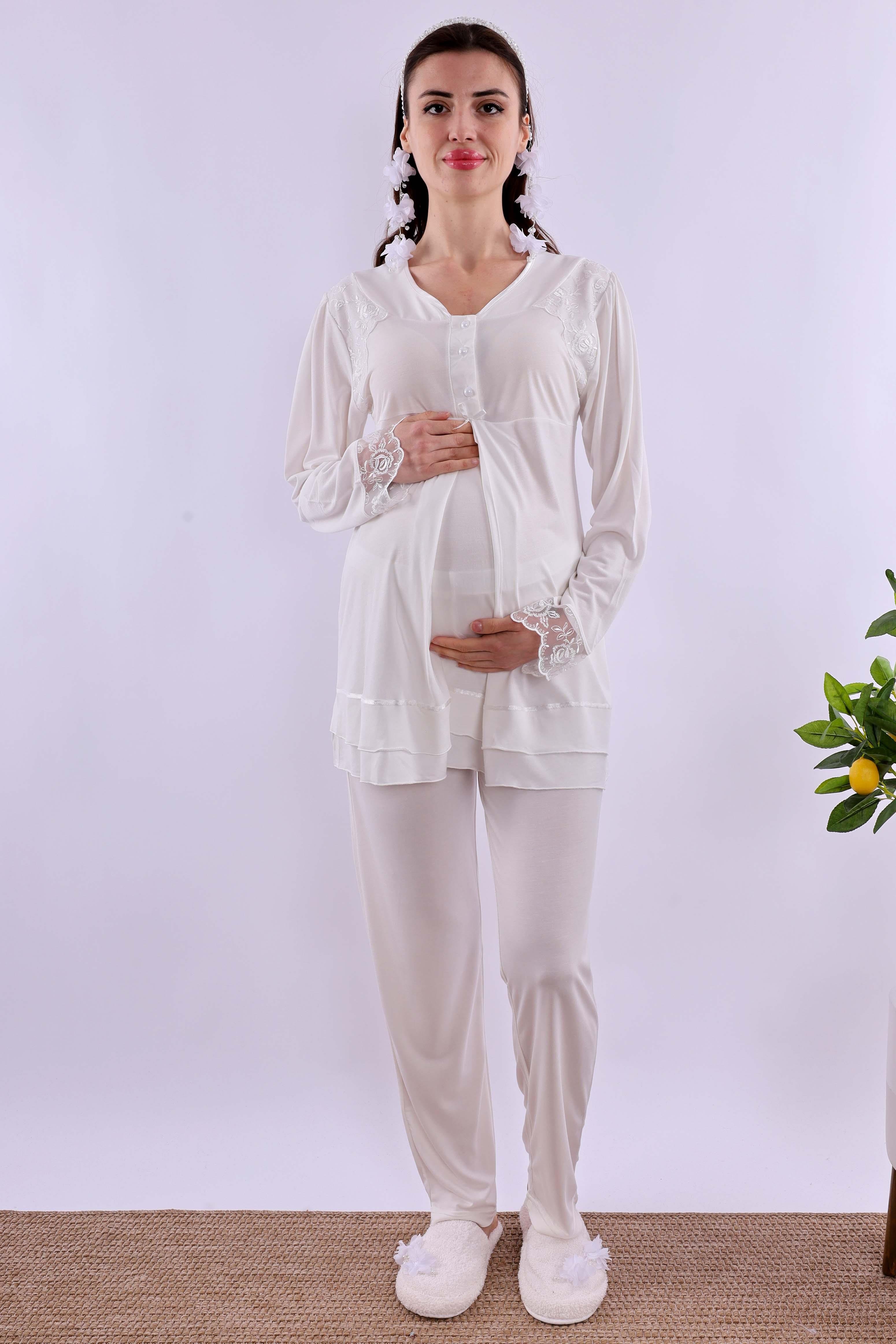 Effortt Ekru Tesettürlü Sabahlıklı Hamile Lohusa Pijama Takımı BYL2T24242
