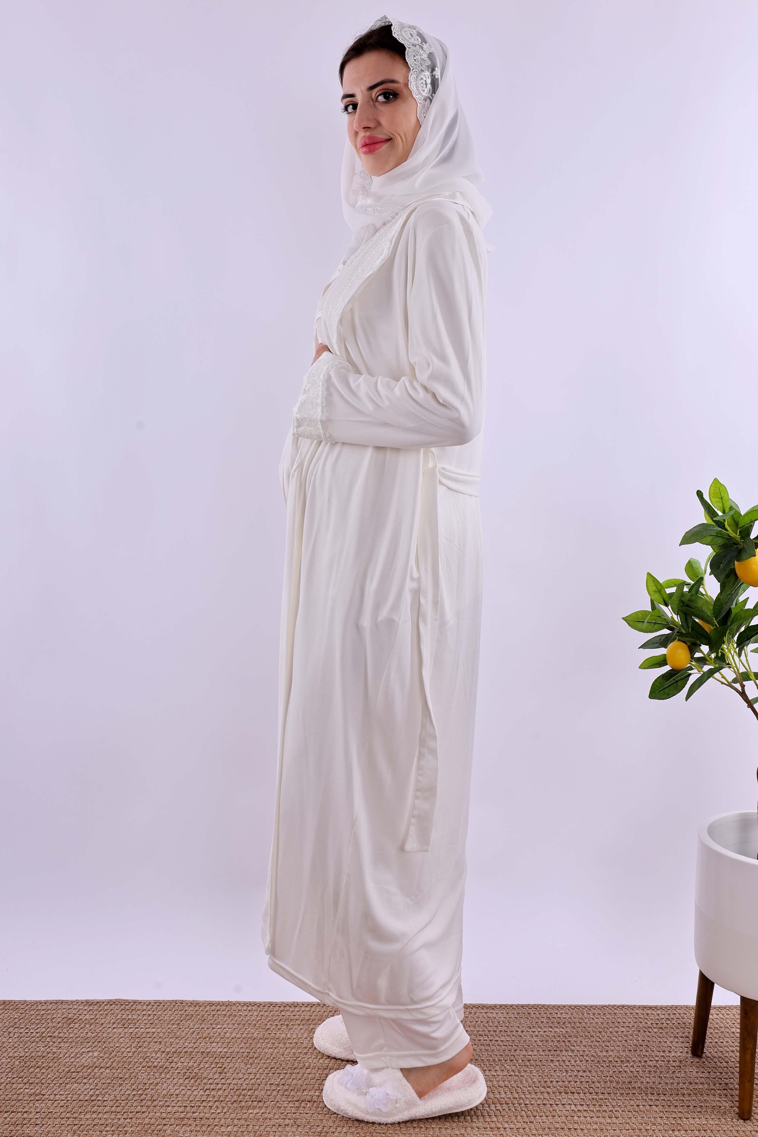 Effortt Ekru Tesettürlü Sabahlıklı Hamile Lohusa Pijama Takımı BYL2T40342