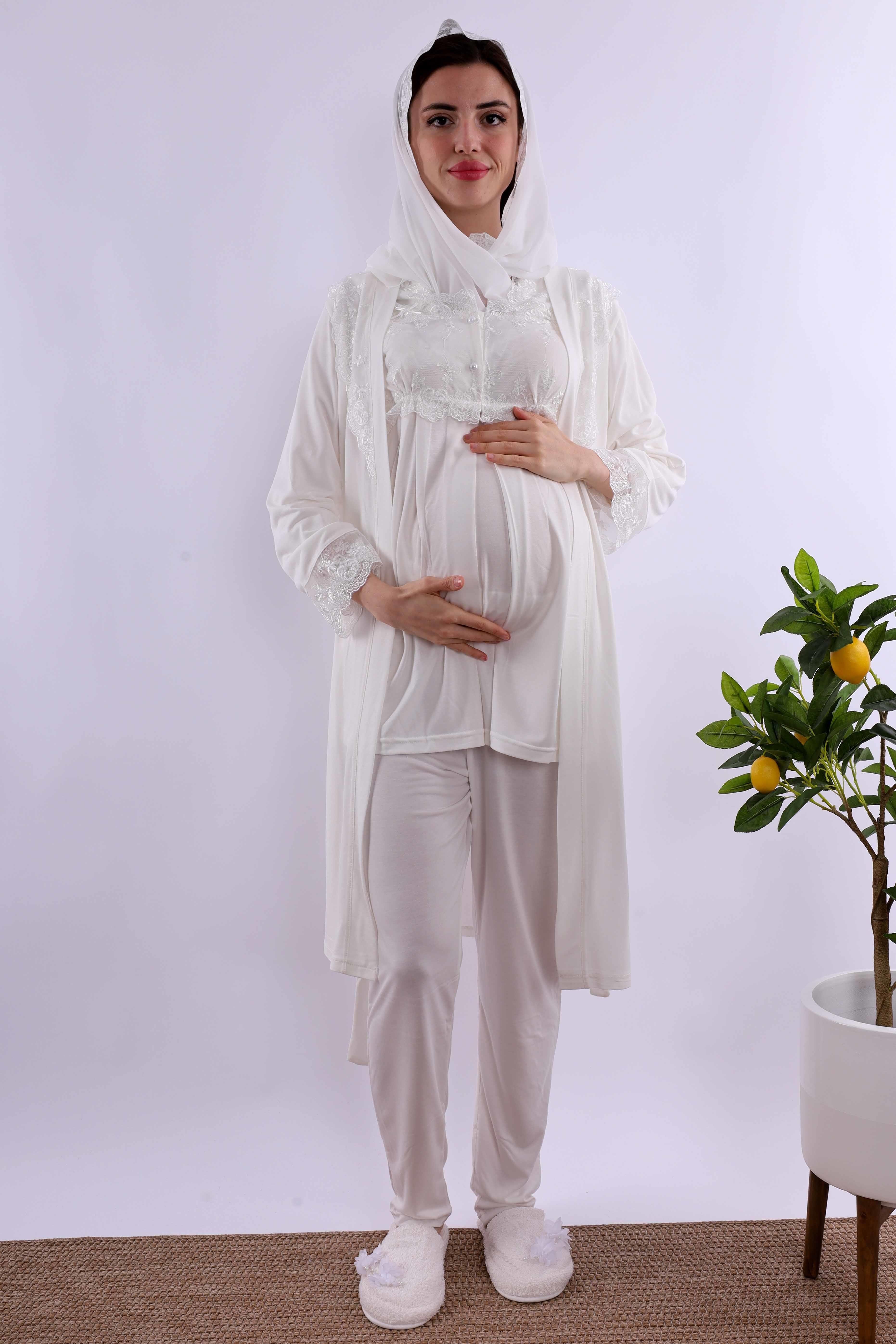 Effortt Ekru Tesettürlü Sabahlıklı Hamile Lohusa Pijama Takımı BYL2T24012