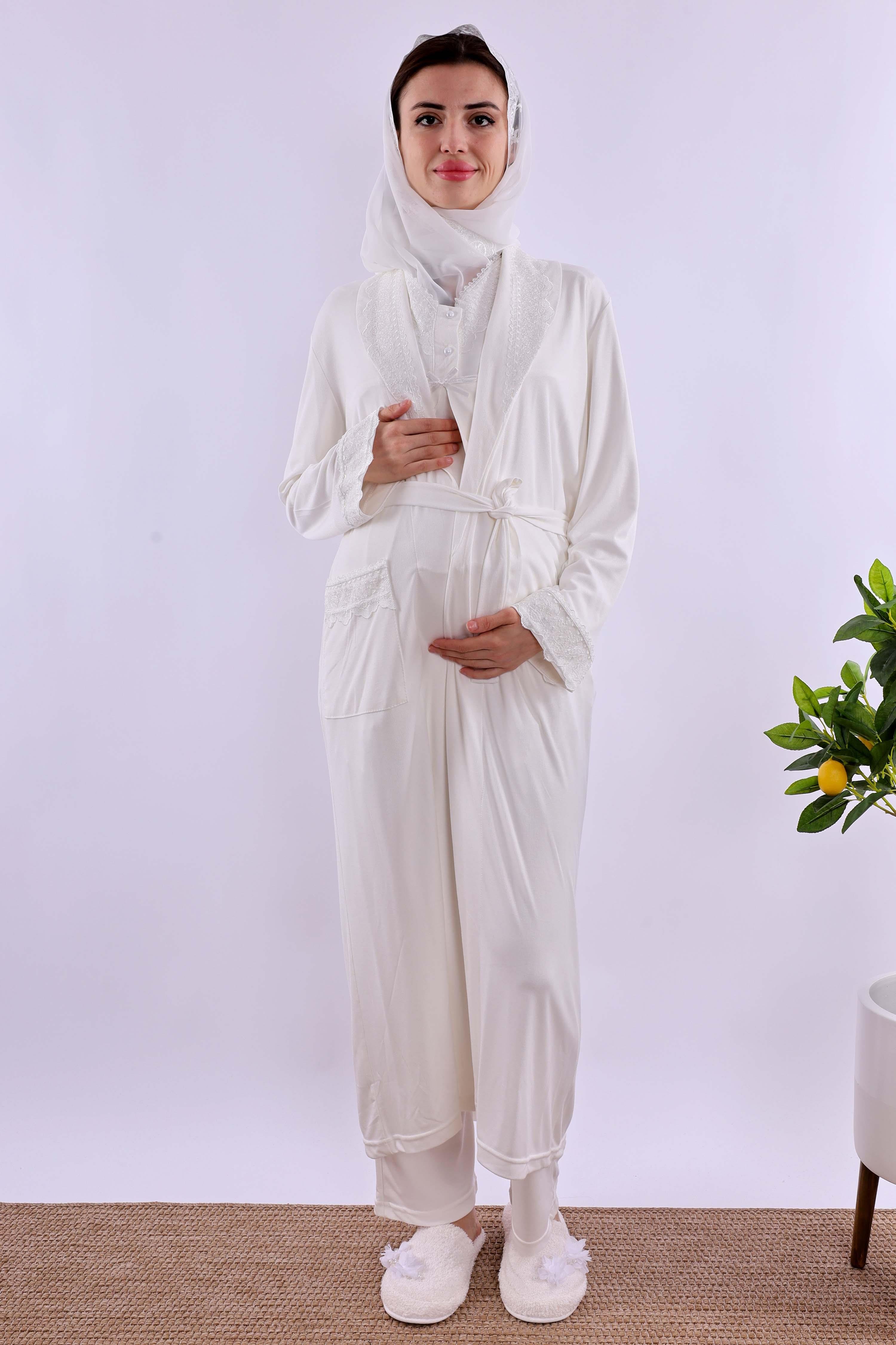 Effortt Ekru Tesettürlü Sabahlıklı Hamile Lohusa Pijama Takımı BYL2T40342