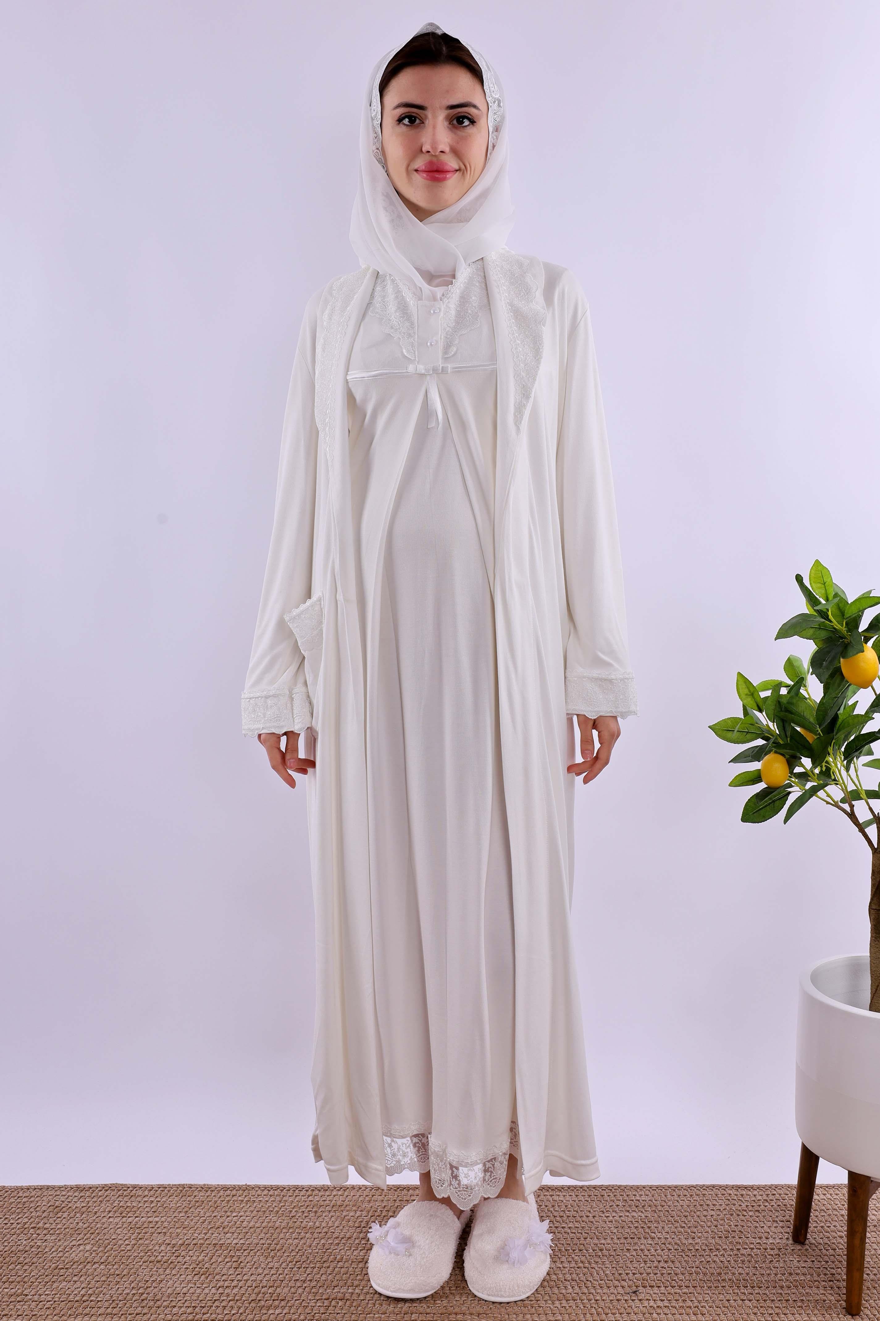 Effortt Ekru Tesettürlü Sabahlıklı Hamile Lohusa Gecelik Takım BYL2T40352