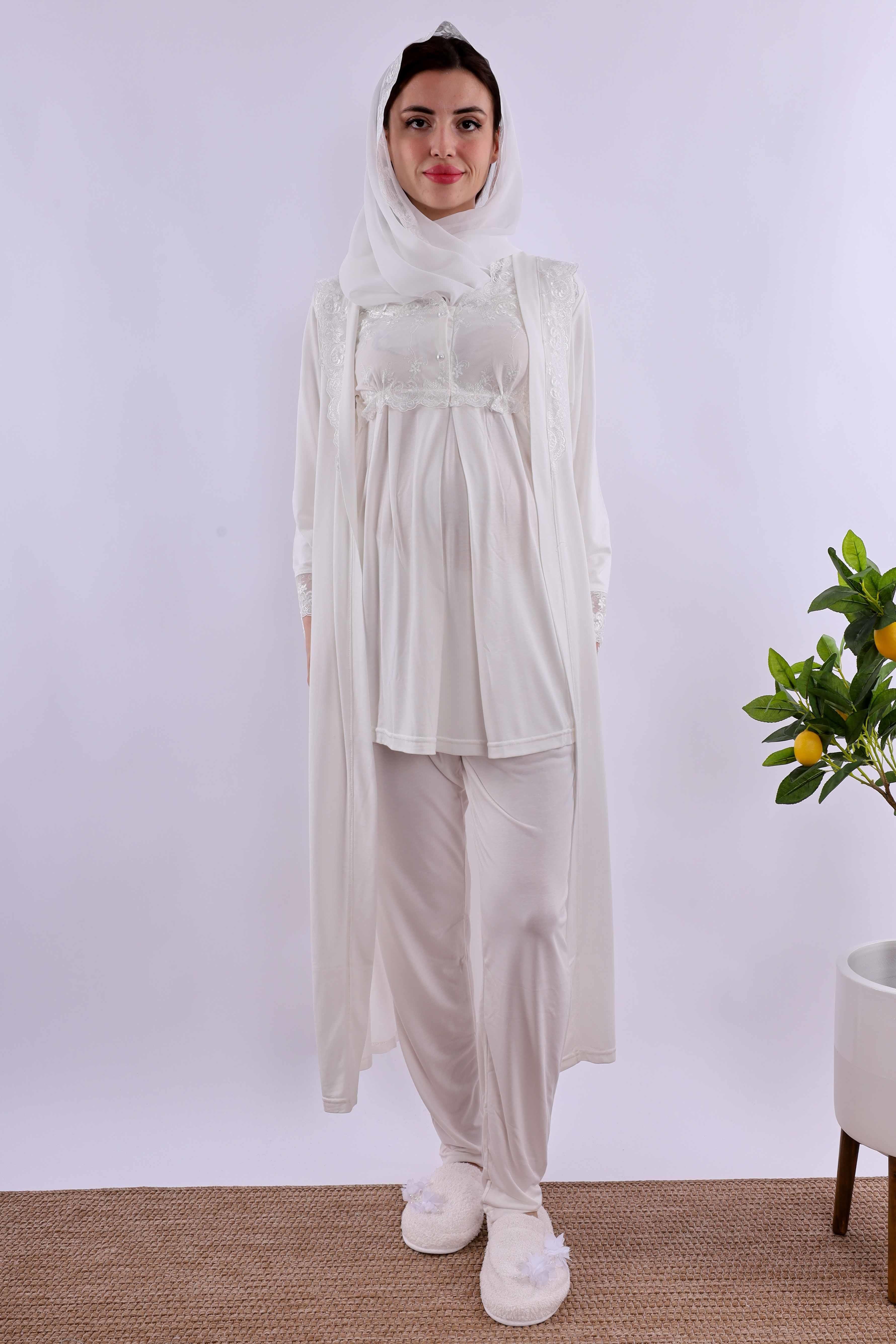 Effortt Ekru Tesettürlü Uzun Sabahlıklı Hamile Lohusa Pijama Takımı BYL2T24072