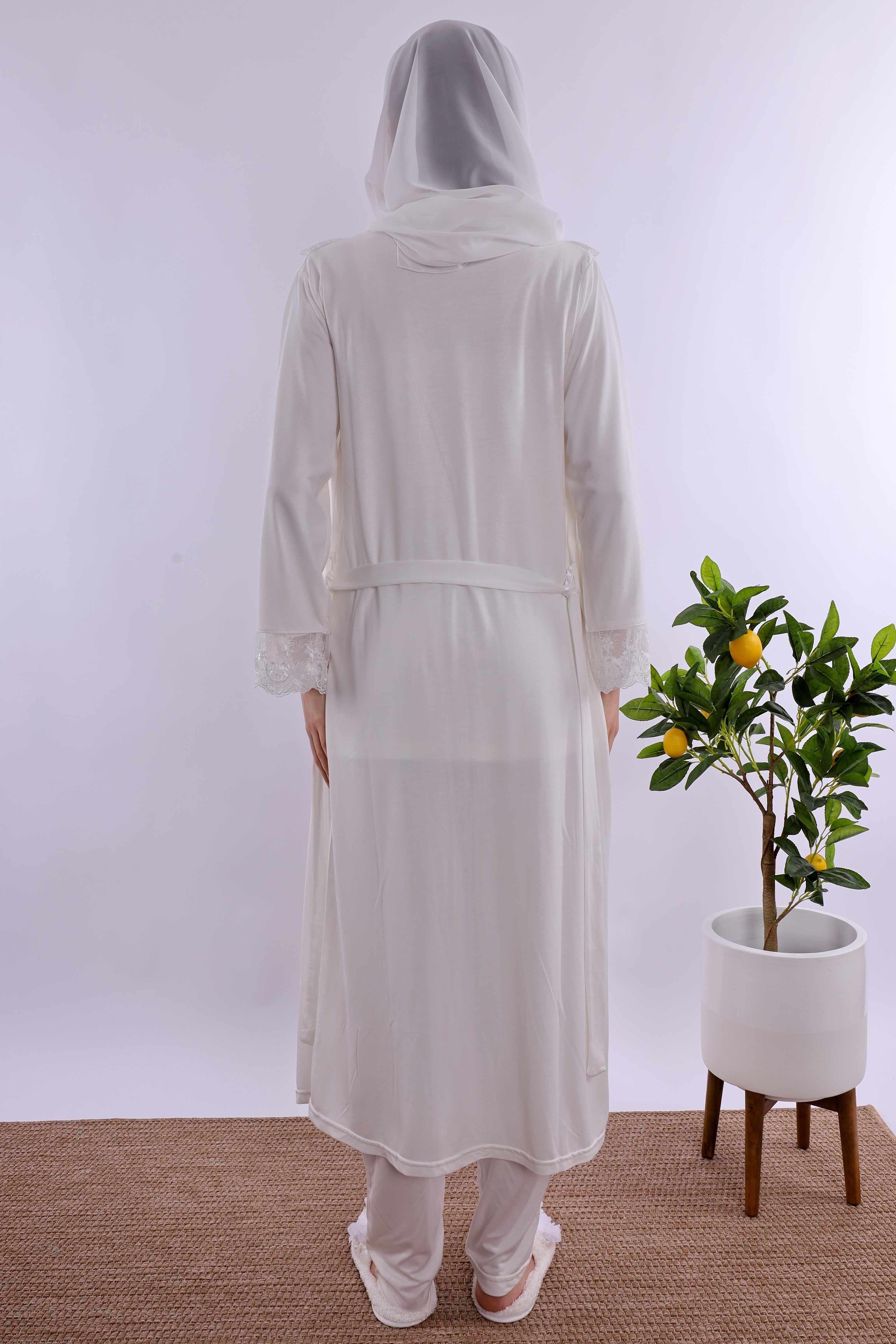 Effortt Ekru Tesettürlü Uzun Sabahlıklı Hamile Lohusa Pijama Takımı BYL2T24072