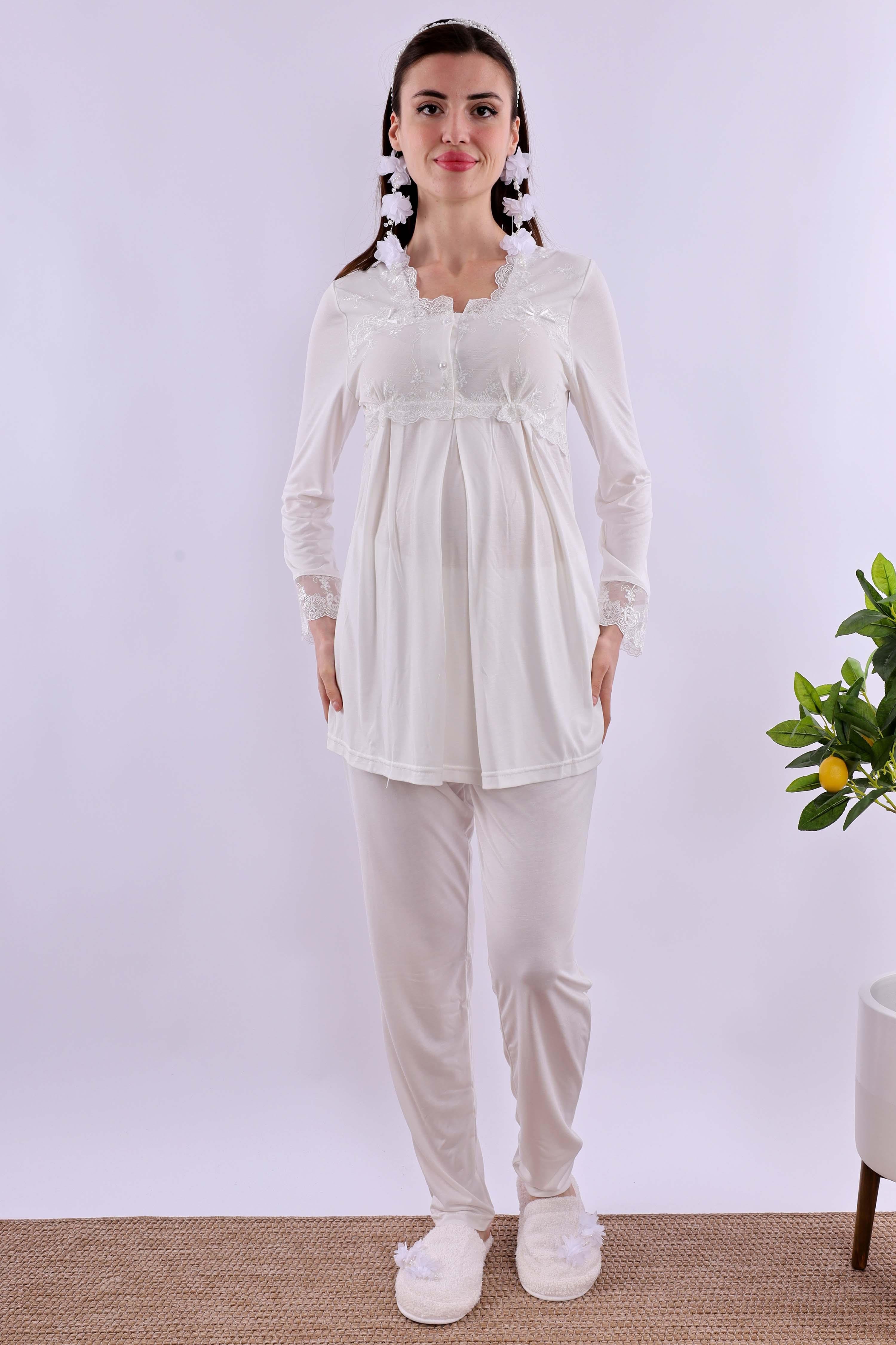 Effortt Ekru Tesettürlü Uzun Sabahlıklı Hamile Lohusa Pijama Takımı BYL2T24072