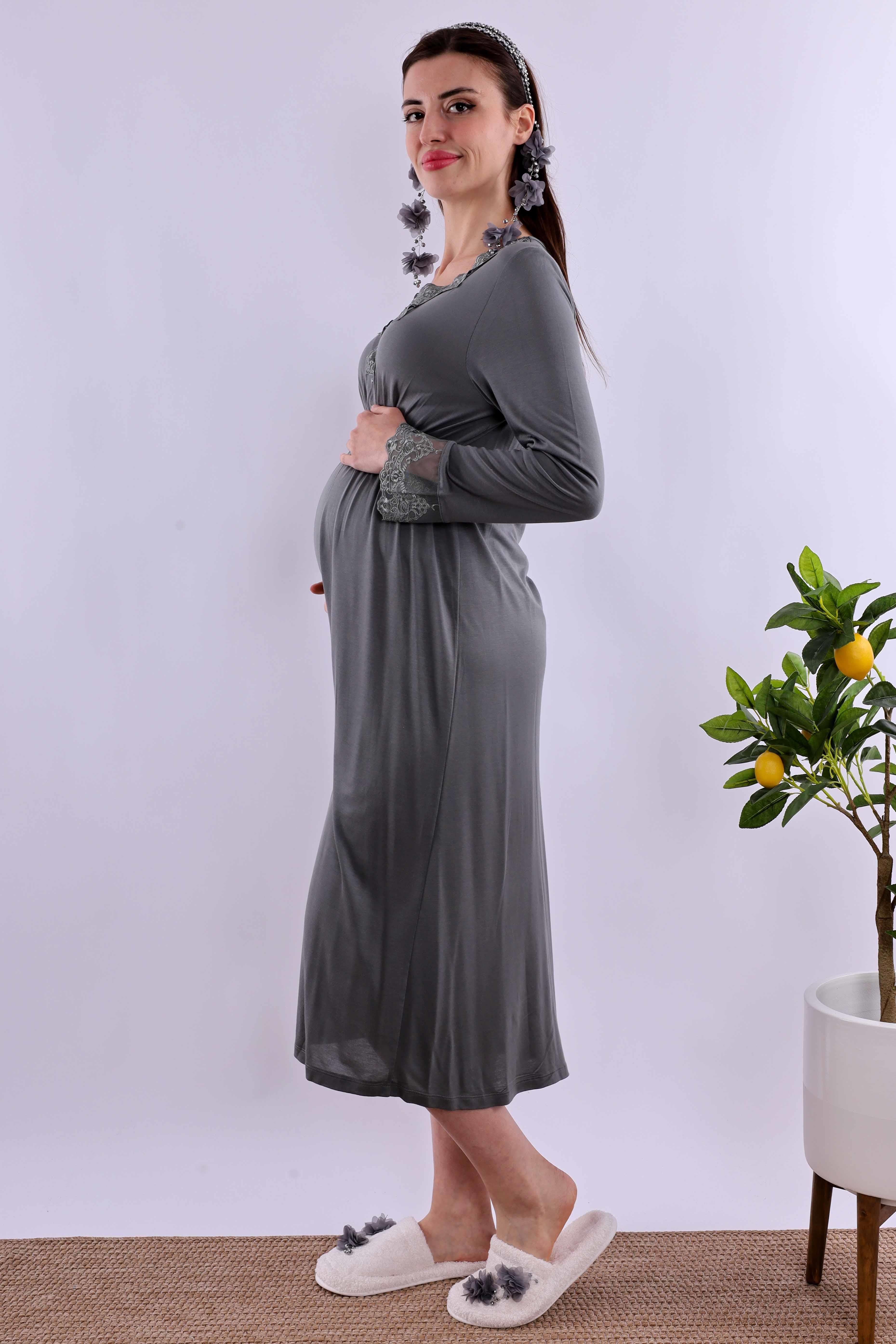 Effortt Füme Tesettürlü Sabahlıklı Hamile Lohusa Gecelik Takım BYL2T80952