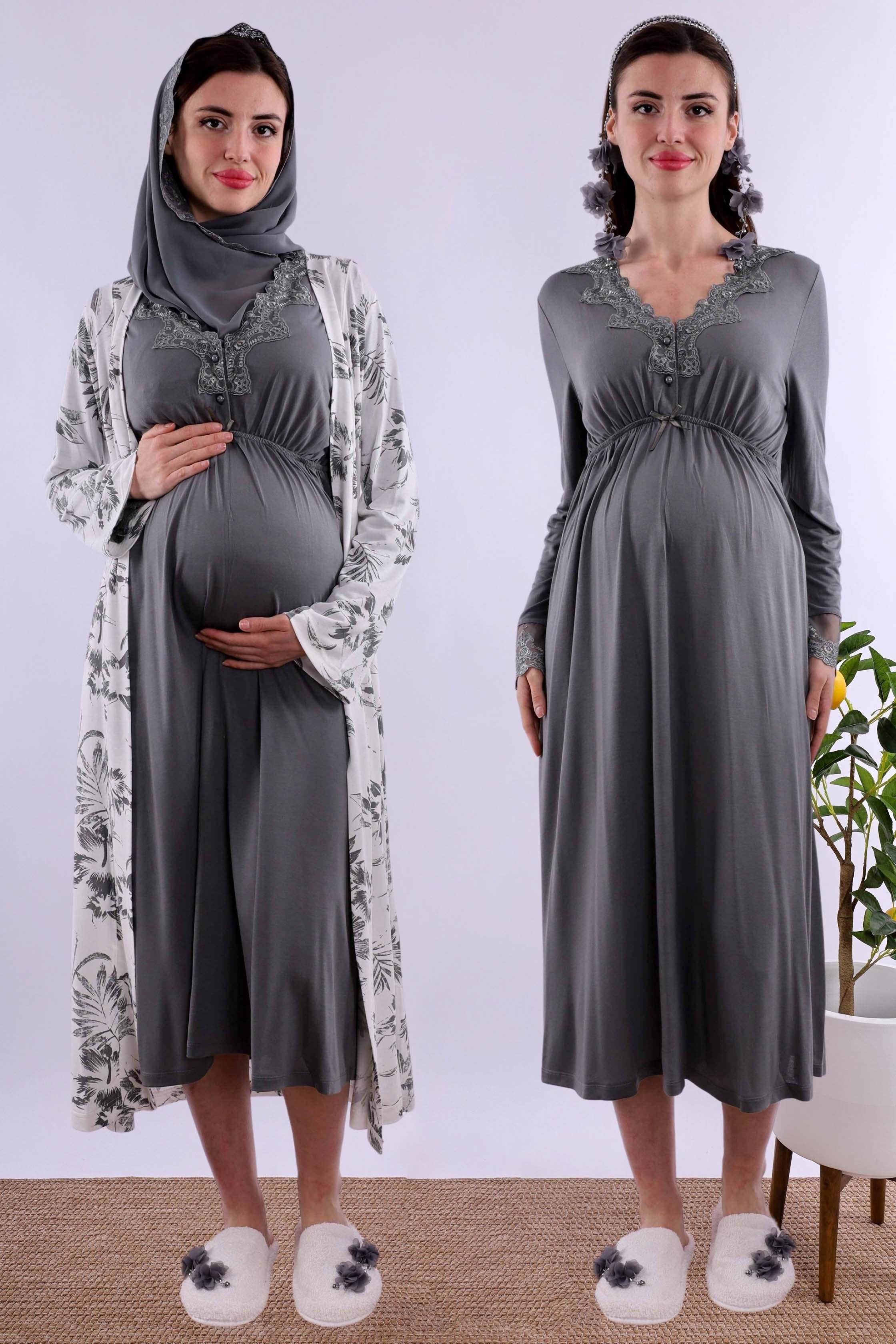 Effortt Füme Tesettürlü Sabahlıklı Hamile Lohusa Gecelik Takım BYL2T80952