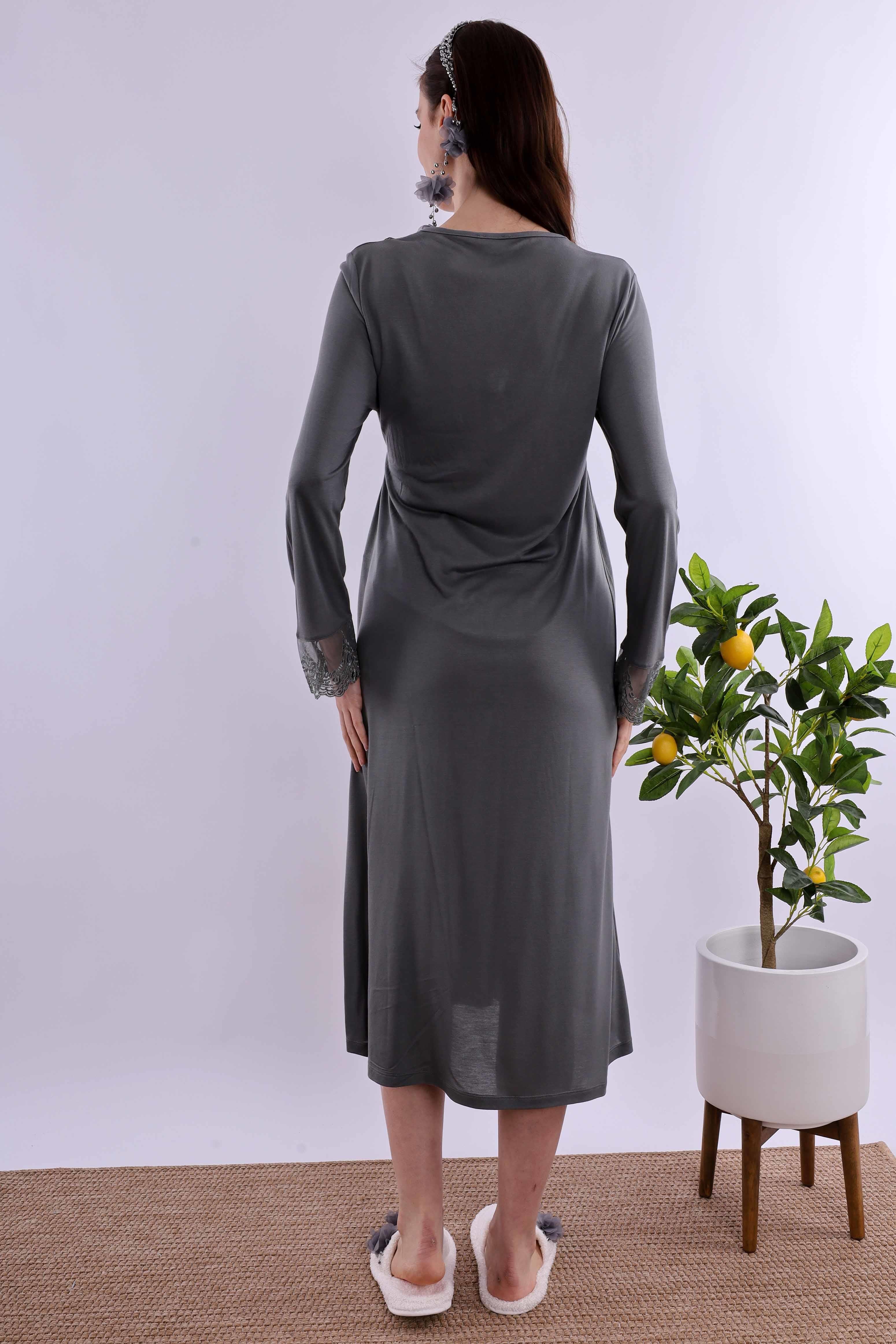 Effortt Füme Tesettürlü Sabahlıklı Hamile Lohusa Gecelik Takım BYL2T80952