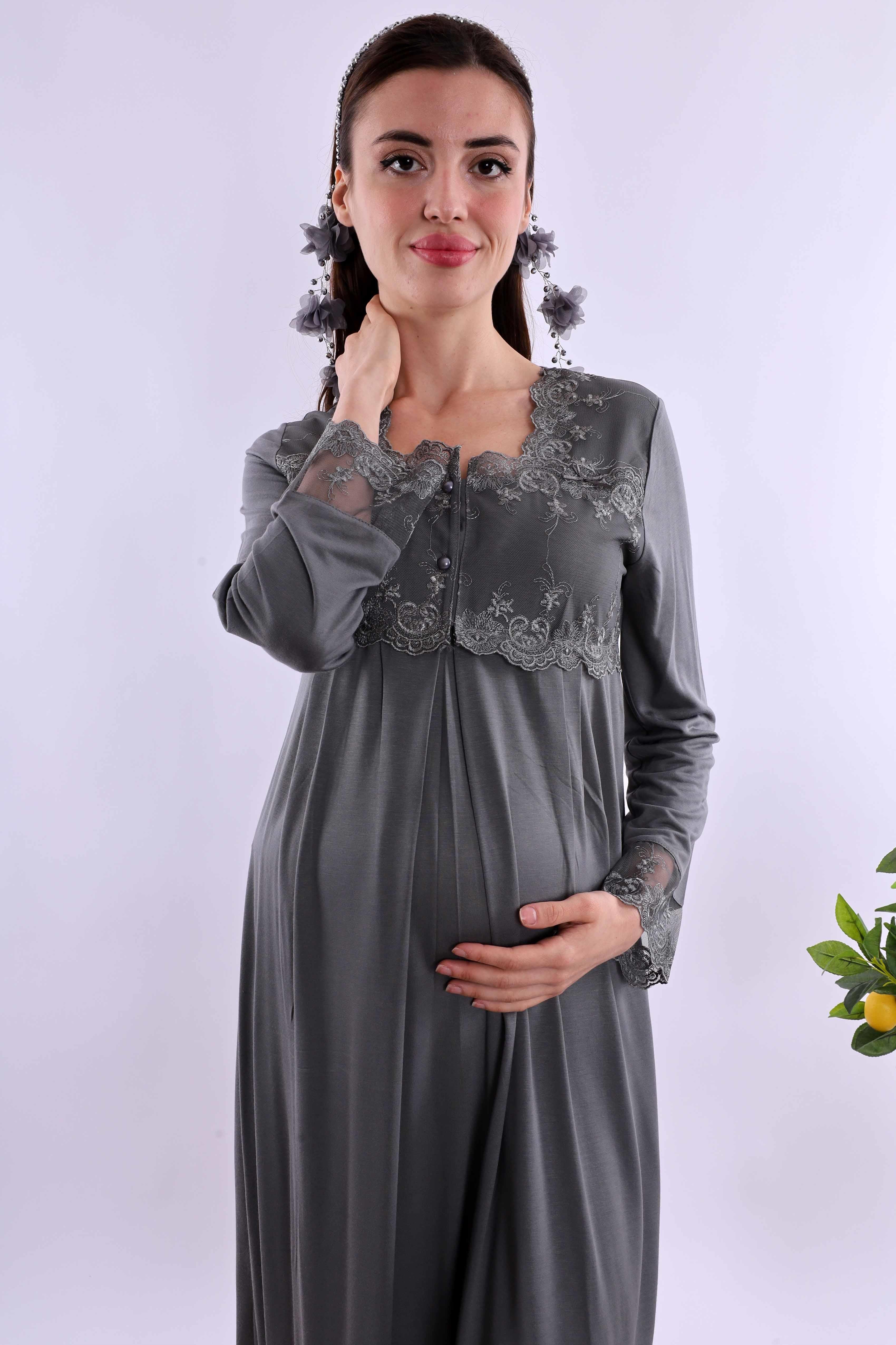 Effortt Füme Tesettürlü Sabahlıklı Hamile Lohusa Gecelik Takım BYL2T24022