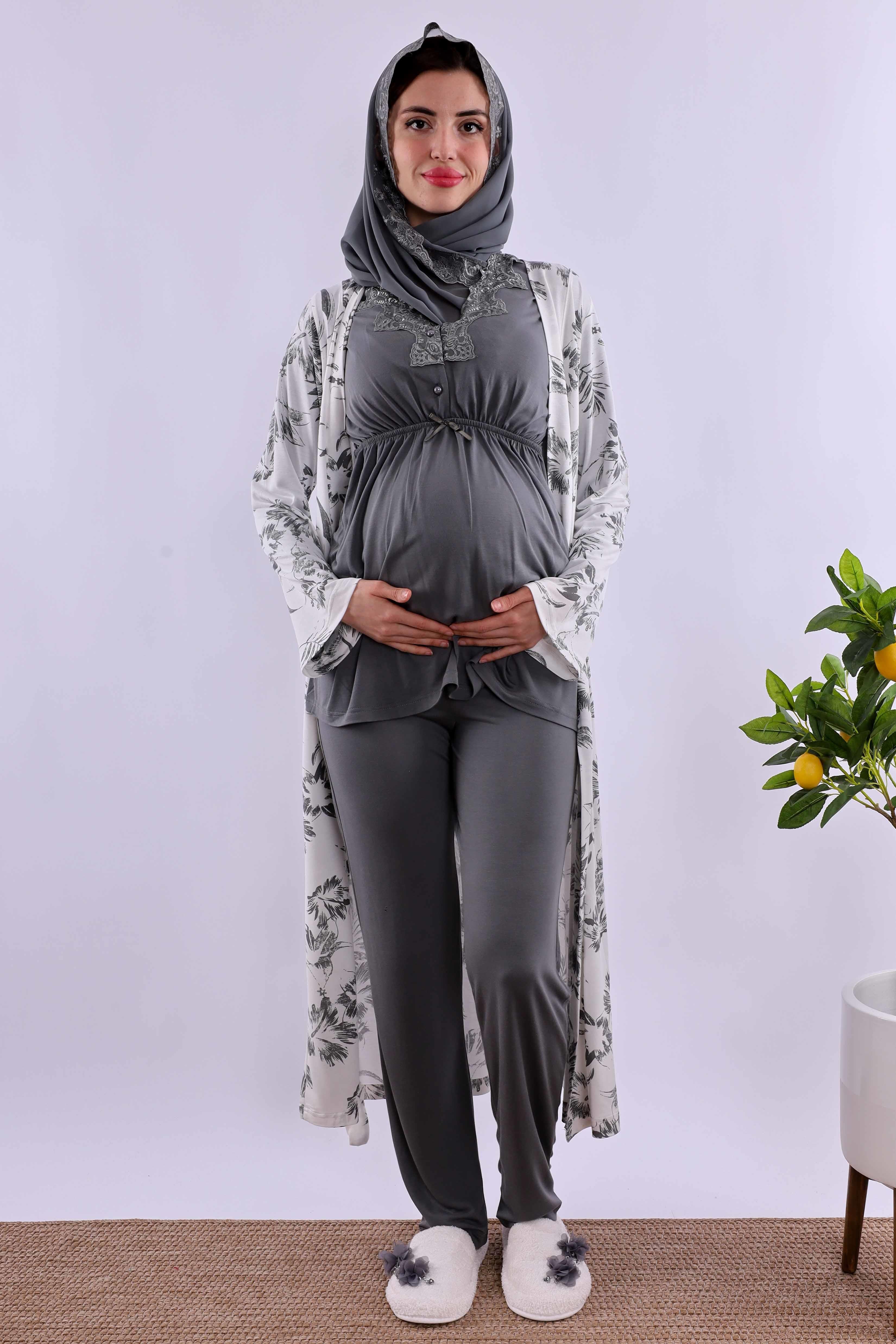 Effortt Füme Tesettürlü Sabahlıklı Hamile Lohusa Pijama Takımı BYL2T80942