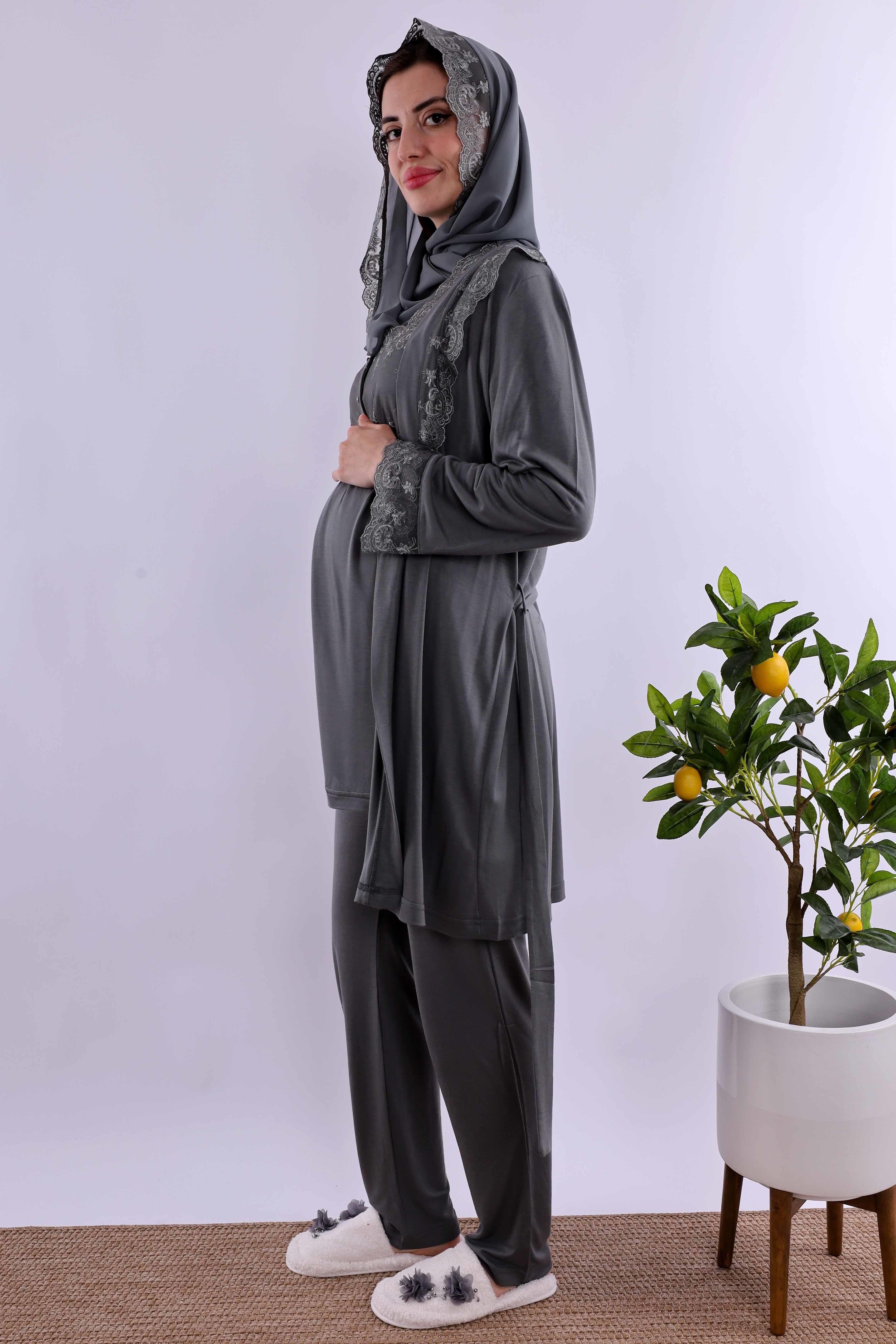 Effortt Füme Tesettürlü Sabahlıklı Hamile Lohusa Pijama Takımı BYL2T24012