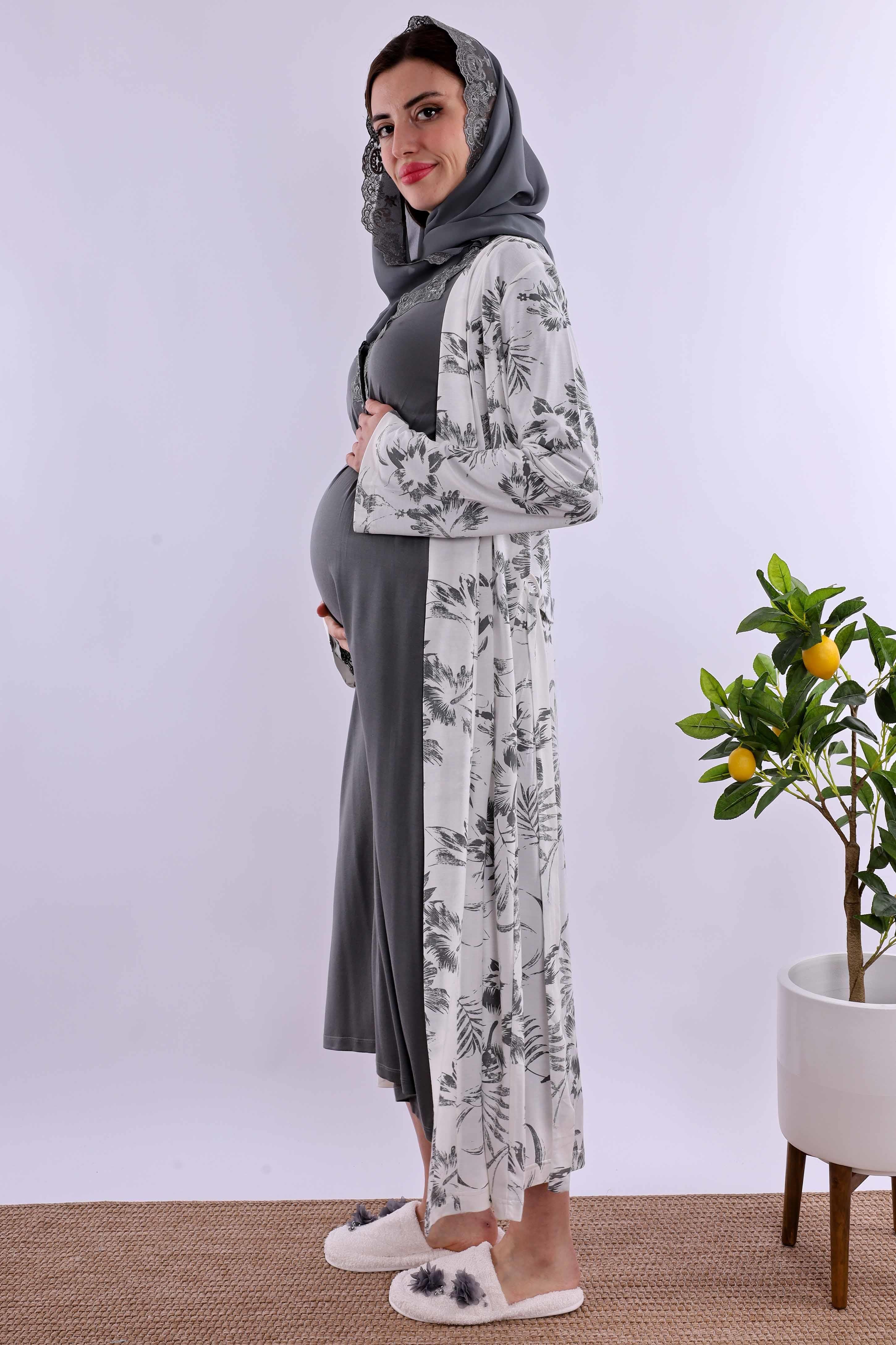 Effortt Füme Tesettürlü Sabahlıklı Hamile Lohusa Gecelik Takım BYL2T80952