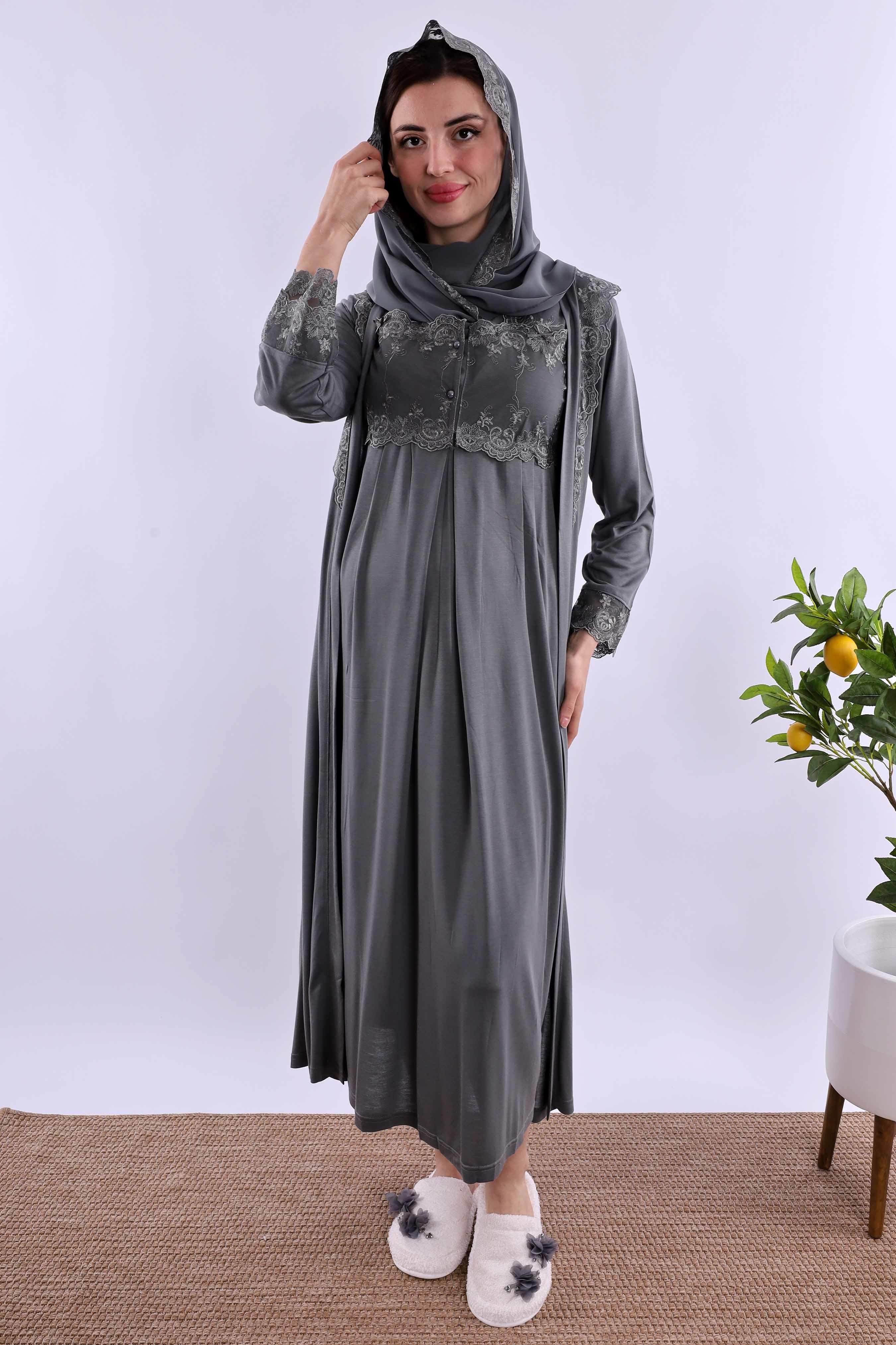 Effortt Füme Tesettürlü Sabahlıklı Hamile Lohusa Gecelik Takım BYL2T24022