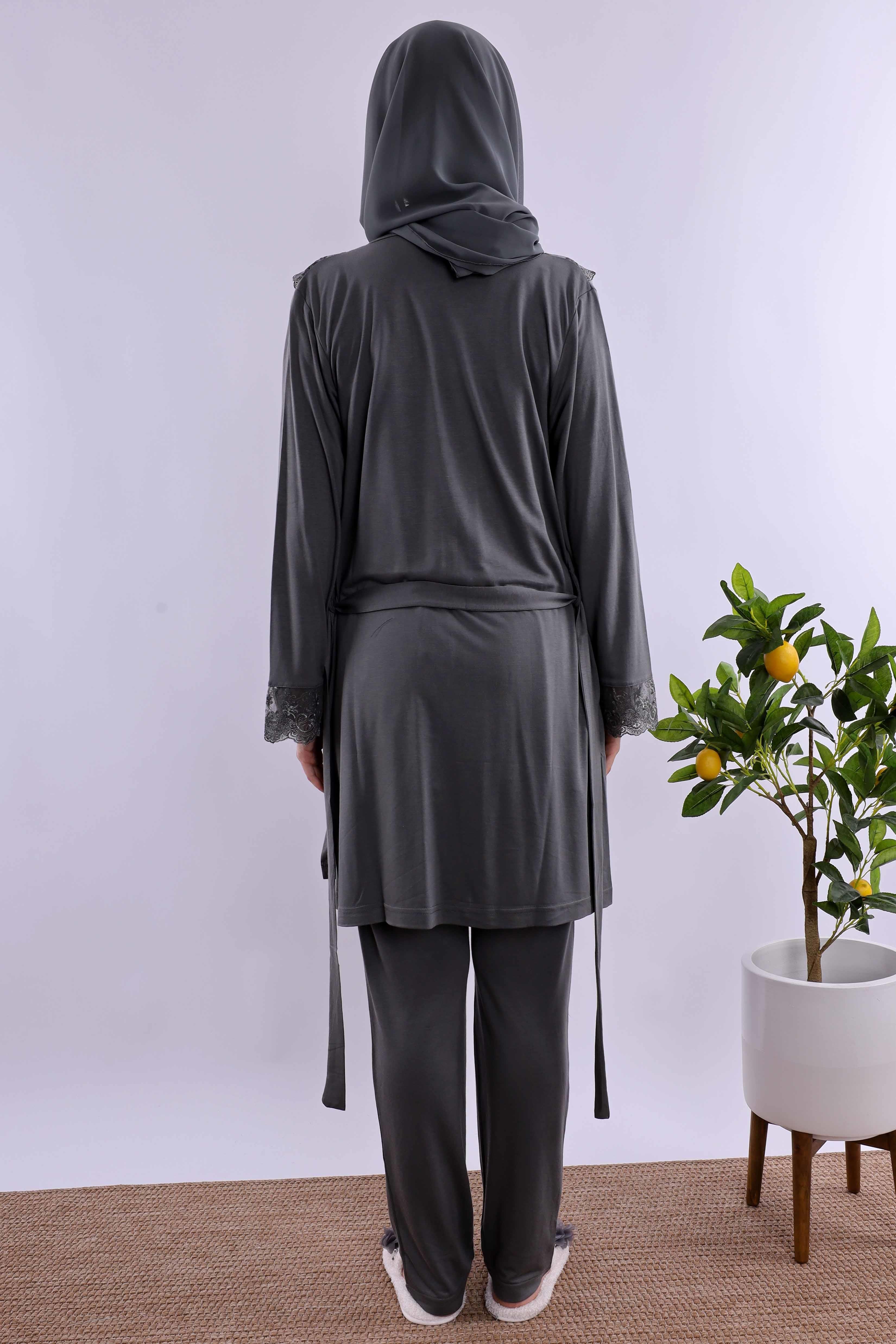 Effortt Füme Tesettürlü Sabahlıklı Hamile Lohusa Pijama Takımı BYL2T24012