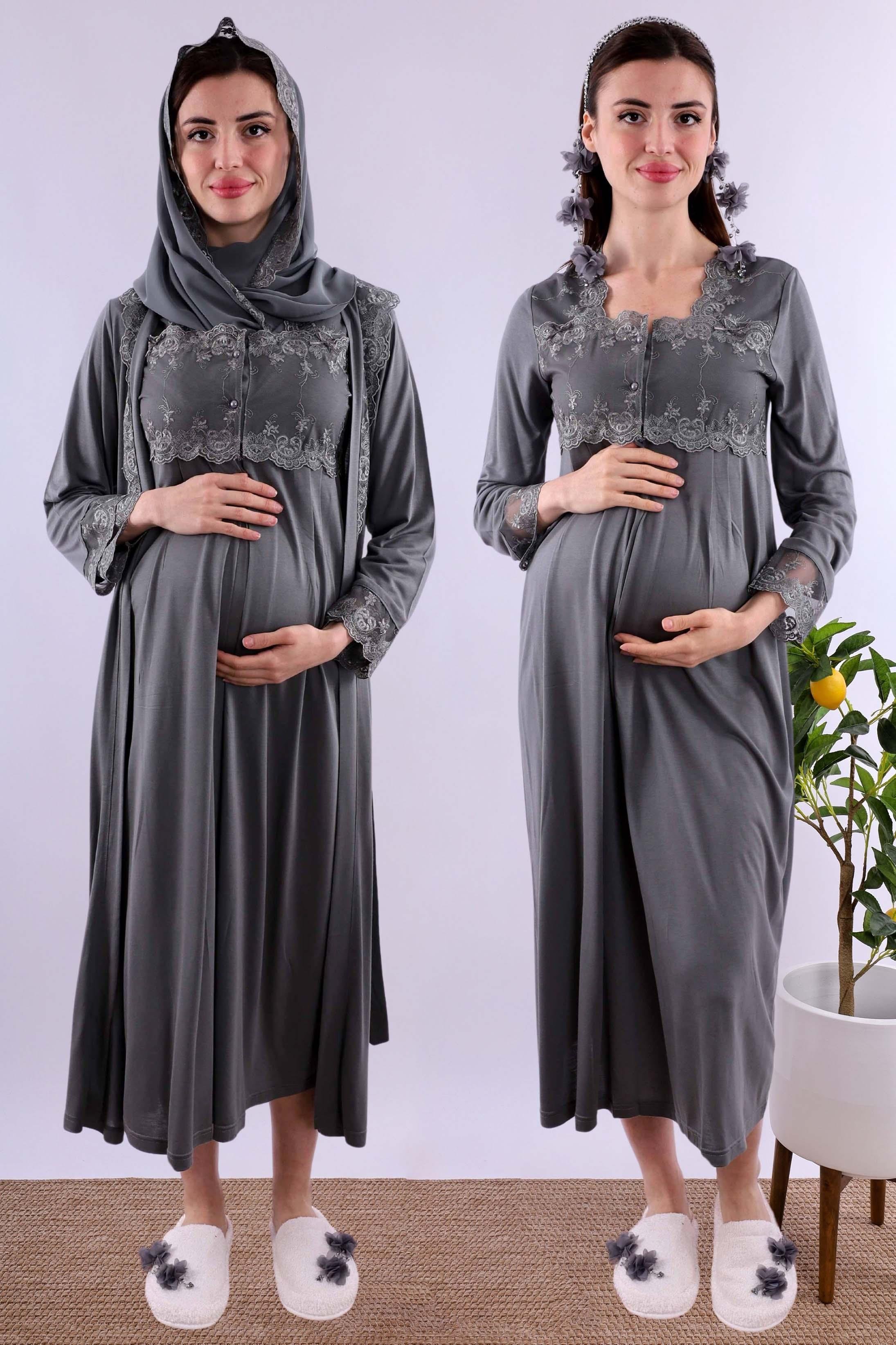 Effortt Füme Tesettürlü Sabahlıklı Hamile Lohusa Gecelik Takım BYL2T24022