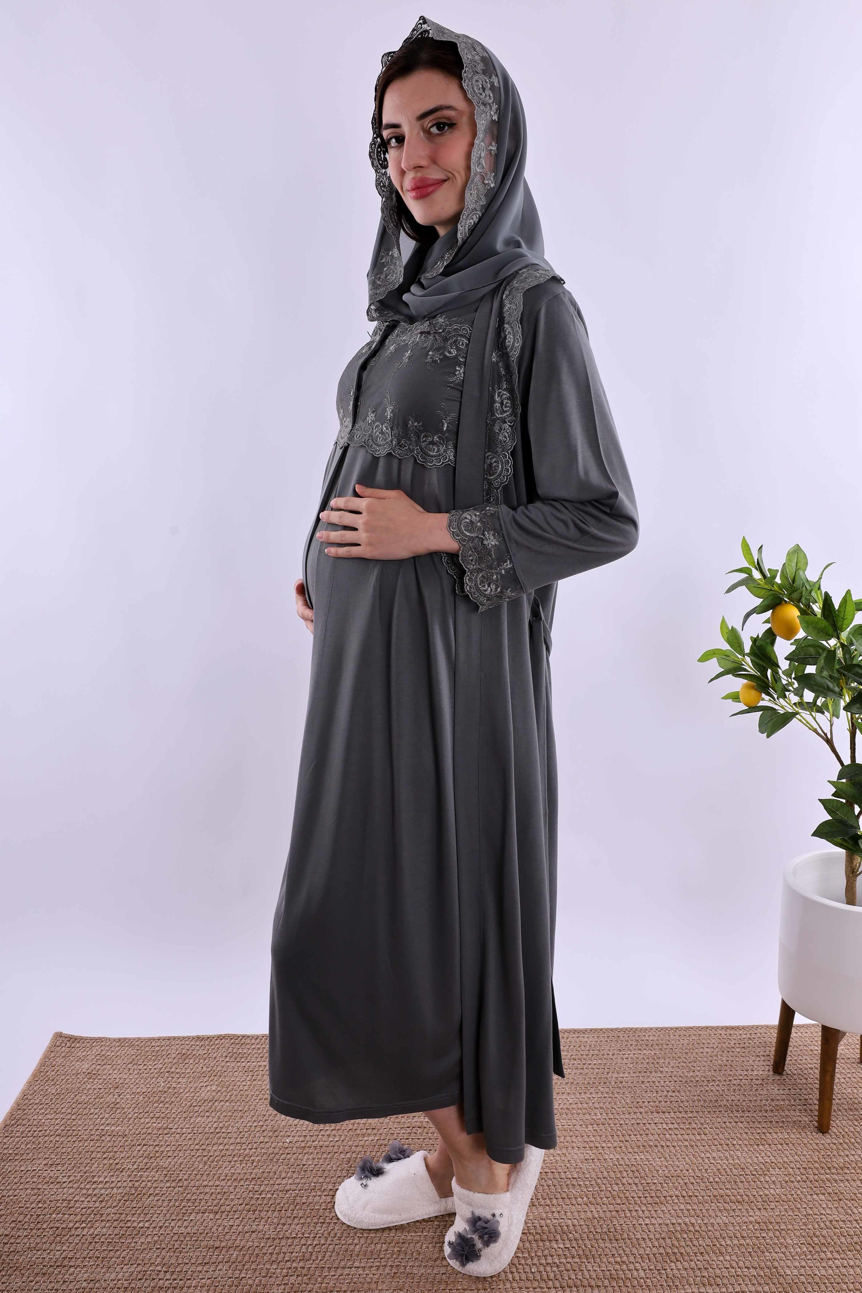 Effortt Füme Tesettürlü Sabahlıklı Hamile Lohusa Gecelik Takım BYL2T24022