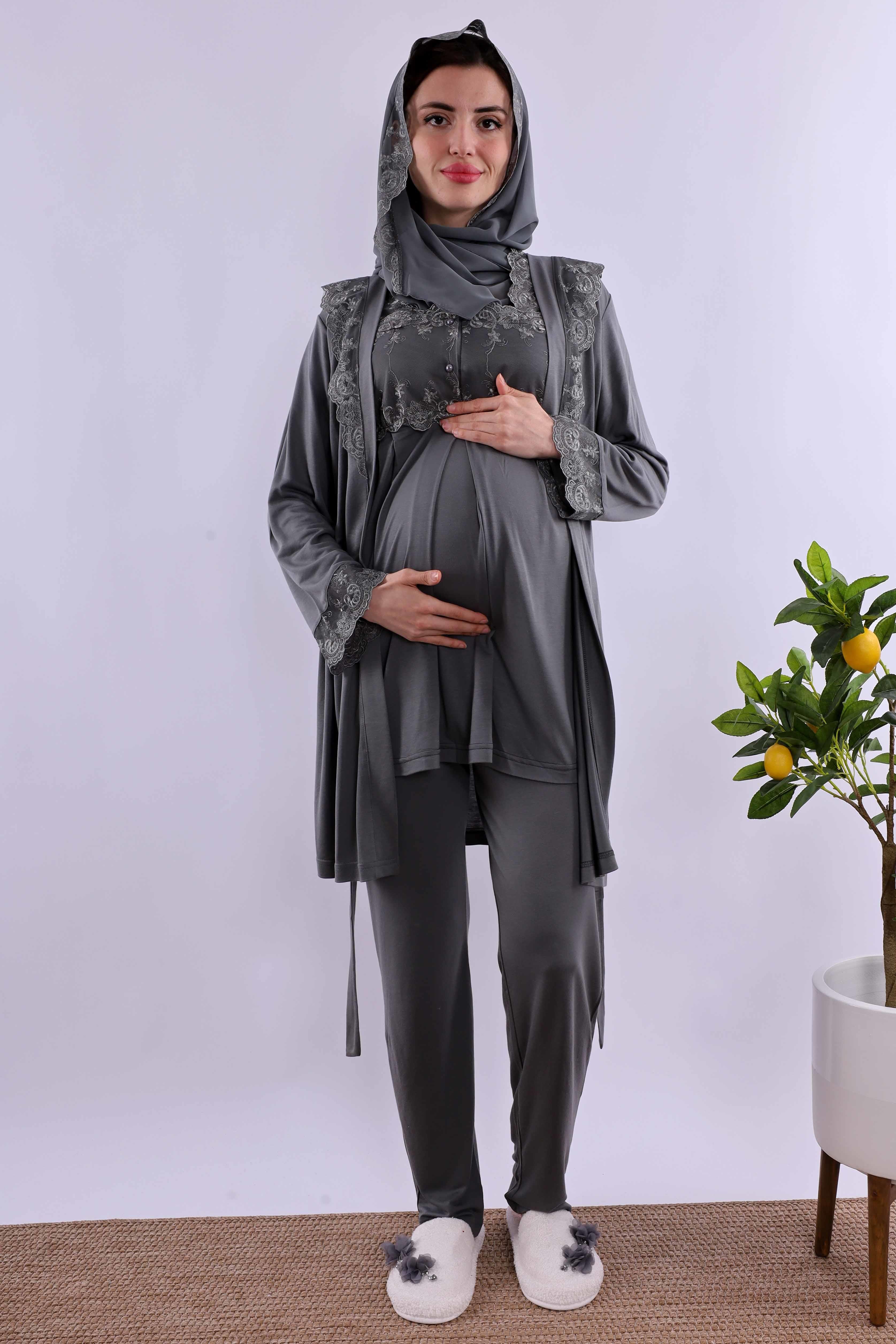 Effortt Füme Tesettürlü Sabahlıklı Hamile Lohusa Pijama Takımı BYL2T24012