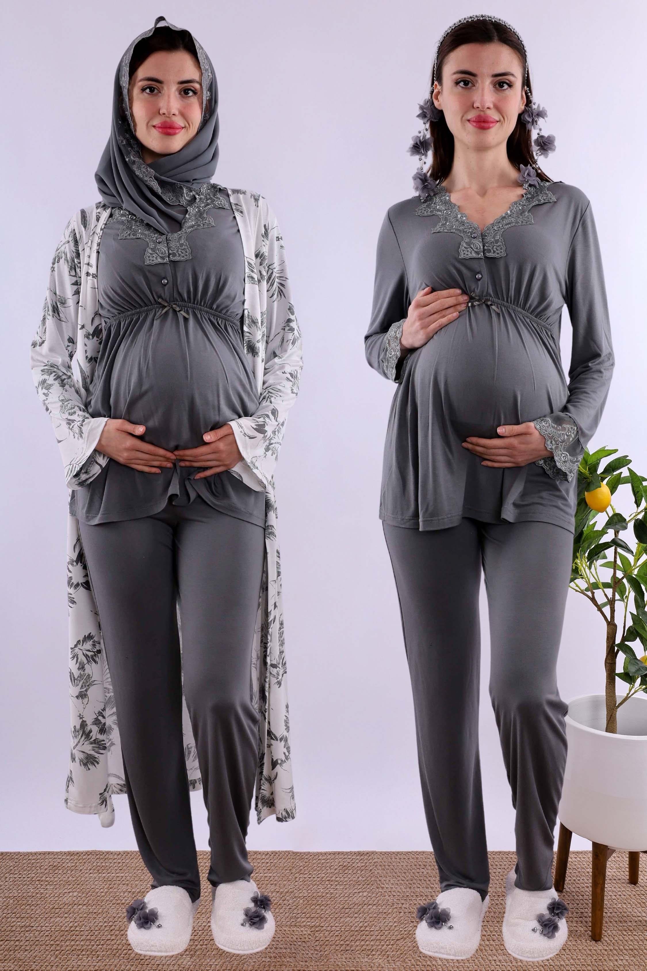 Effortt Füme Tesettürlü Sabahlıklı Hamile Lohusa Pijama Takımı BYL2T80942