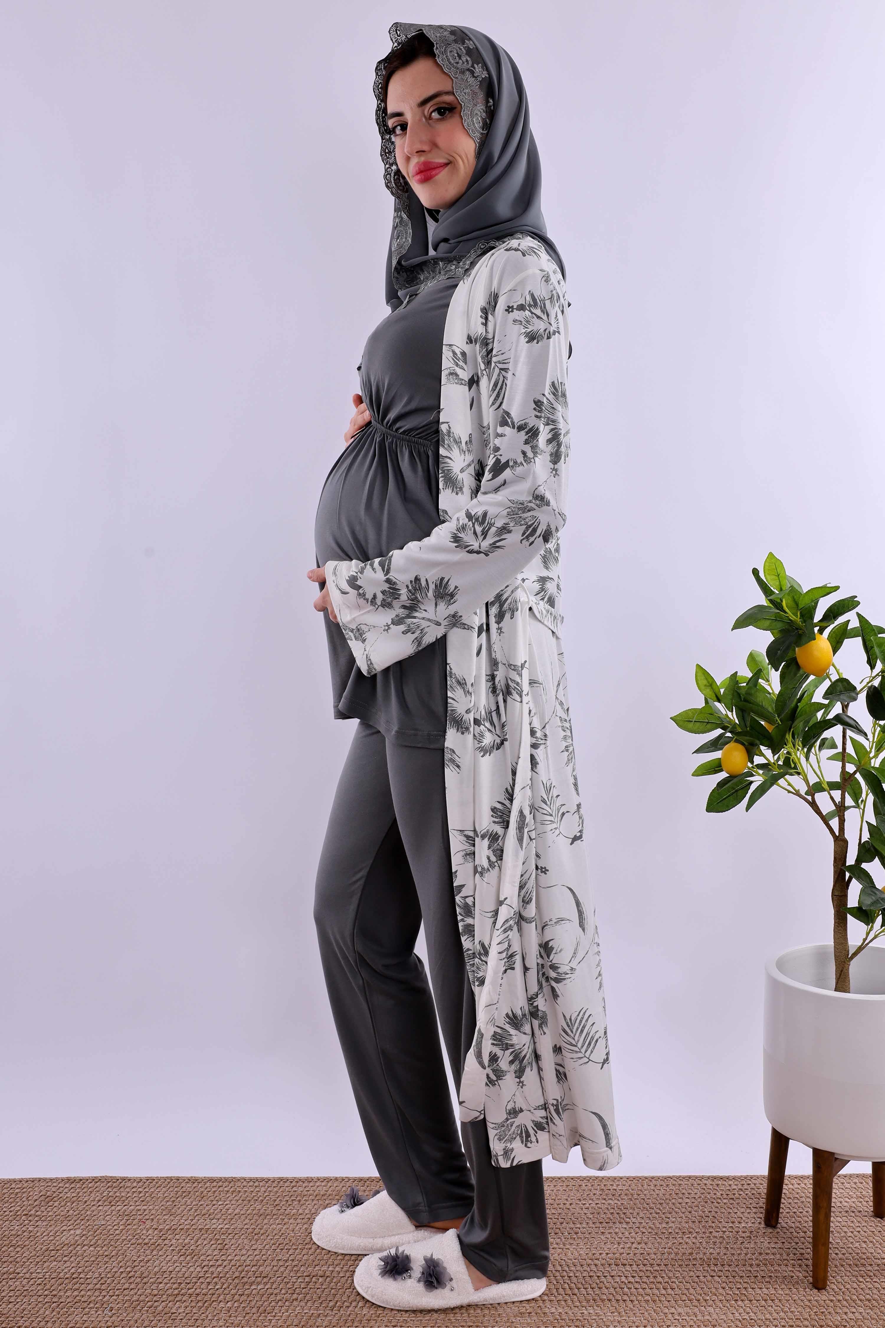 Effortt Füme Tesettürlü Sabahlıklı Hamile Lohusa Pijama Takımı BYL2T80942