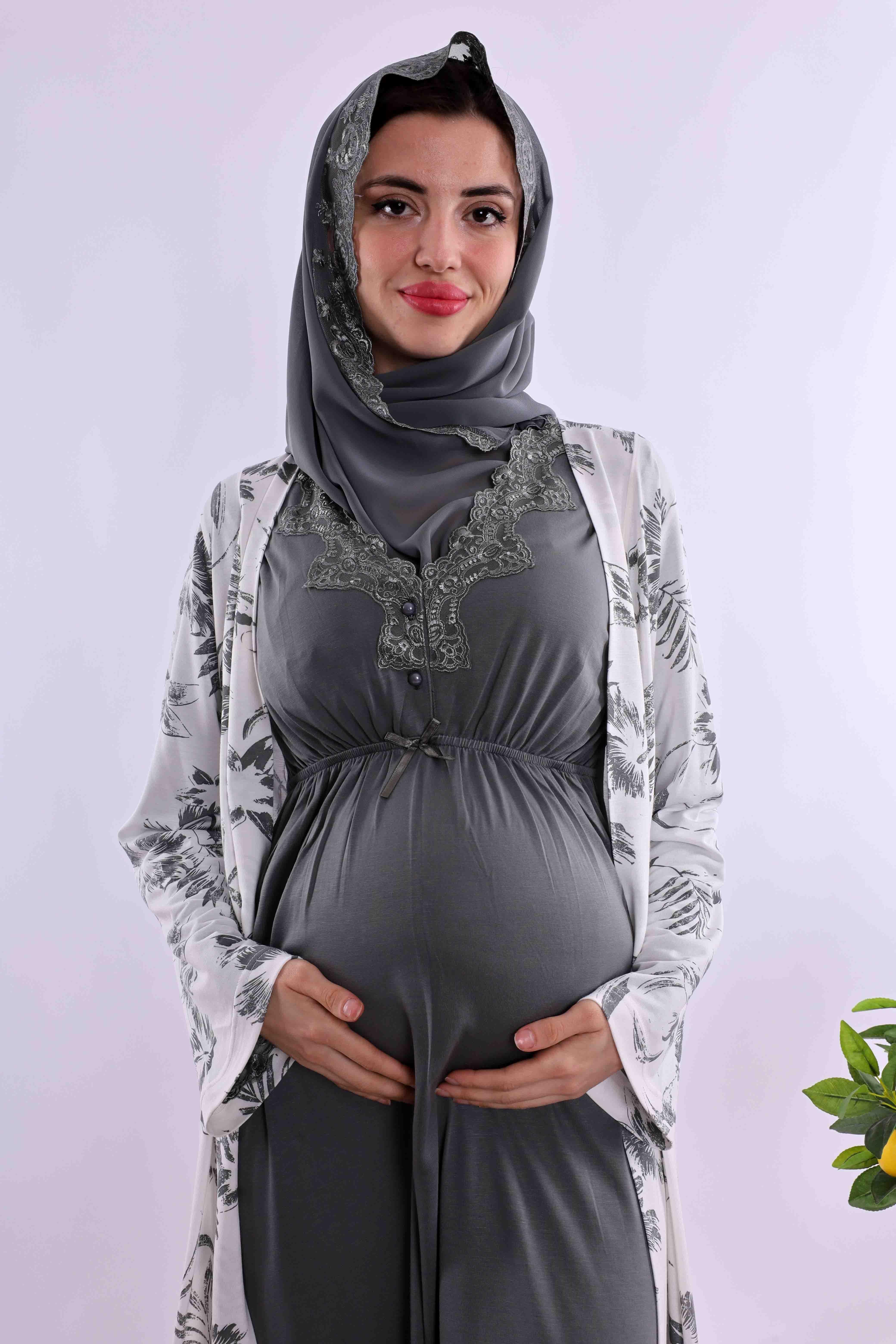 Effortt Füme Tesettürlü Sabahlıklı Hamile Lohusa Gecelik Takım BYL2T80952