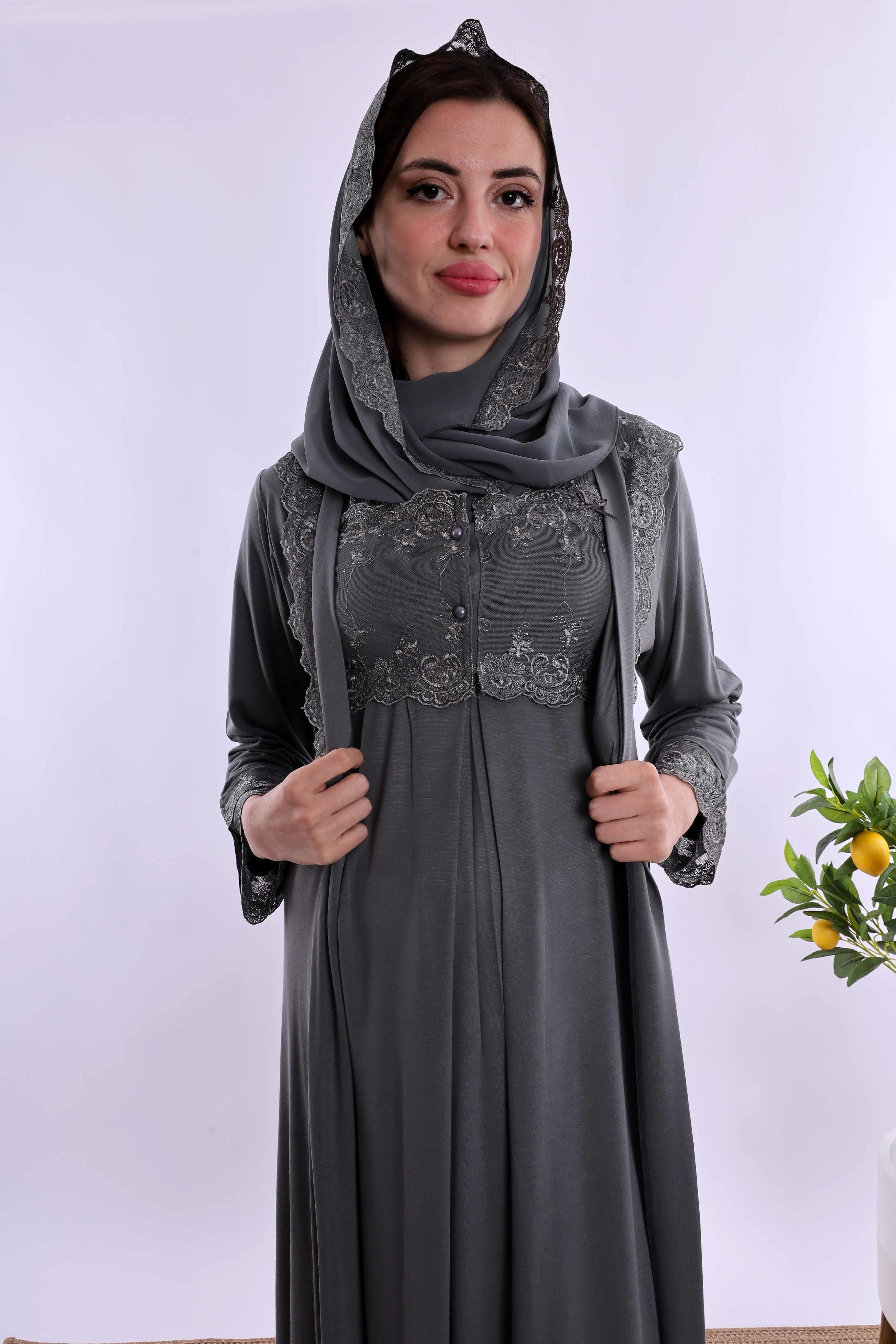 Effortt Füme Tesettürlü Sabahlıklı Hamile Lohusa Gecelik Takım BYL2T24022