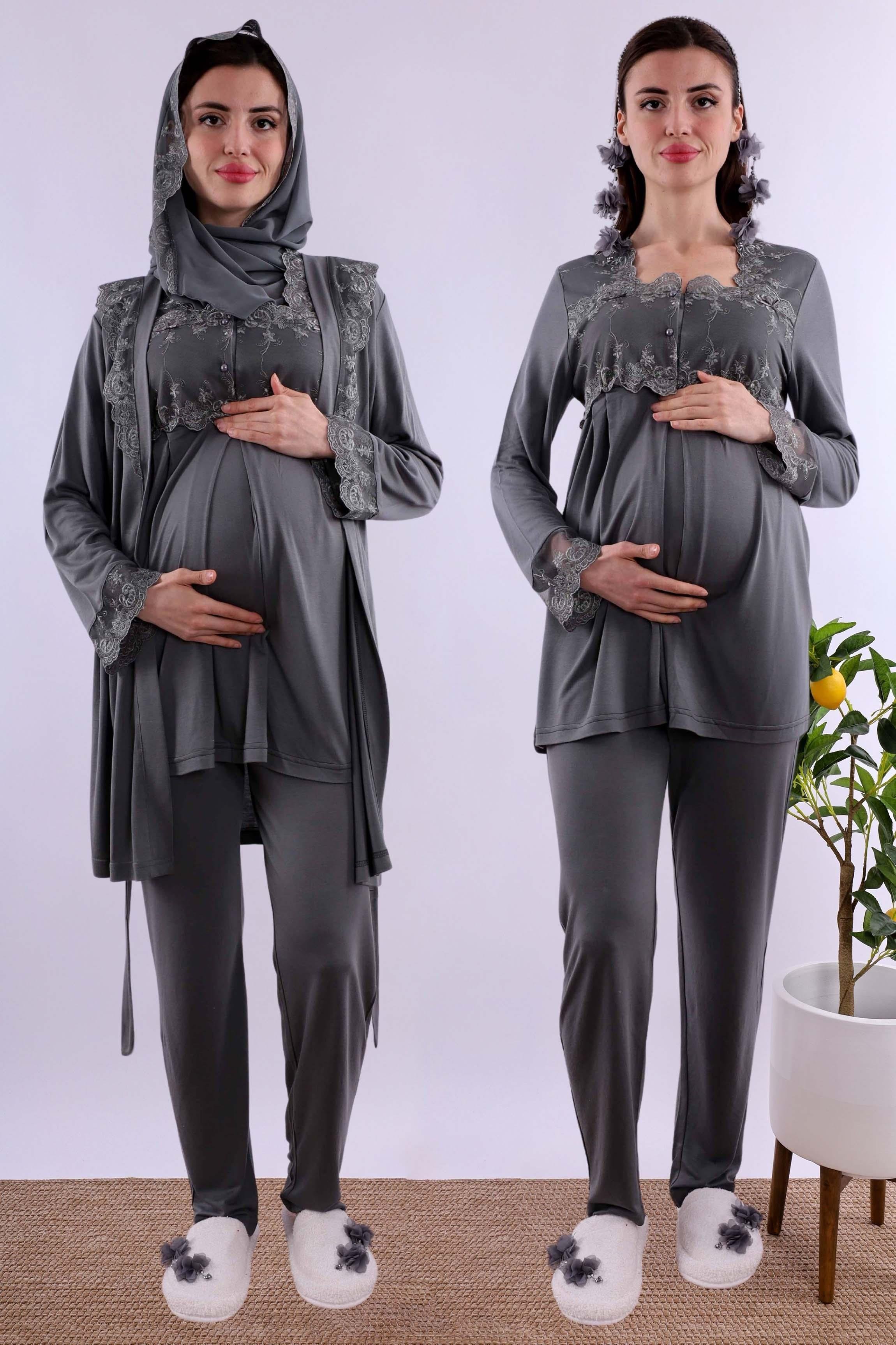 Effortt Füme Tesettürlü Sabahlıklı Hamile Lohusa Pijama Takımı BYL2T24012