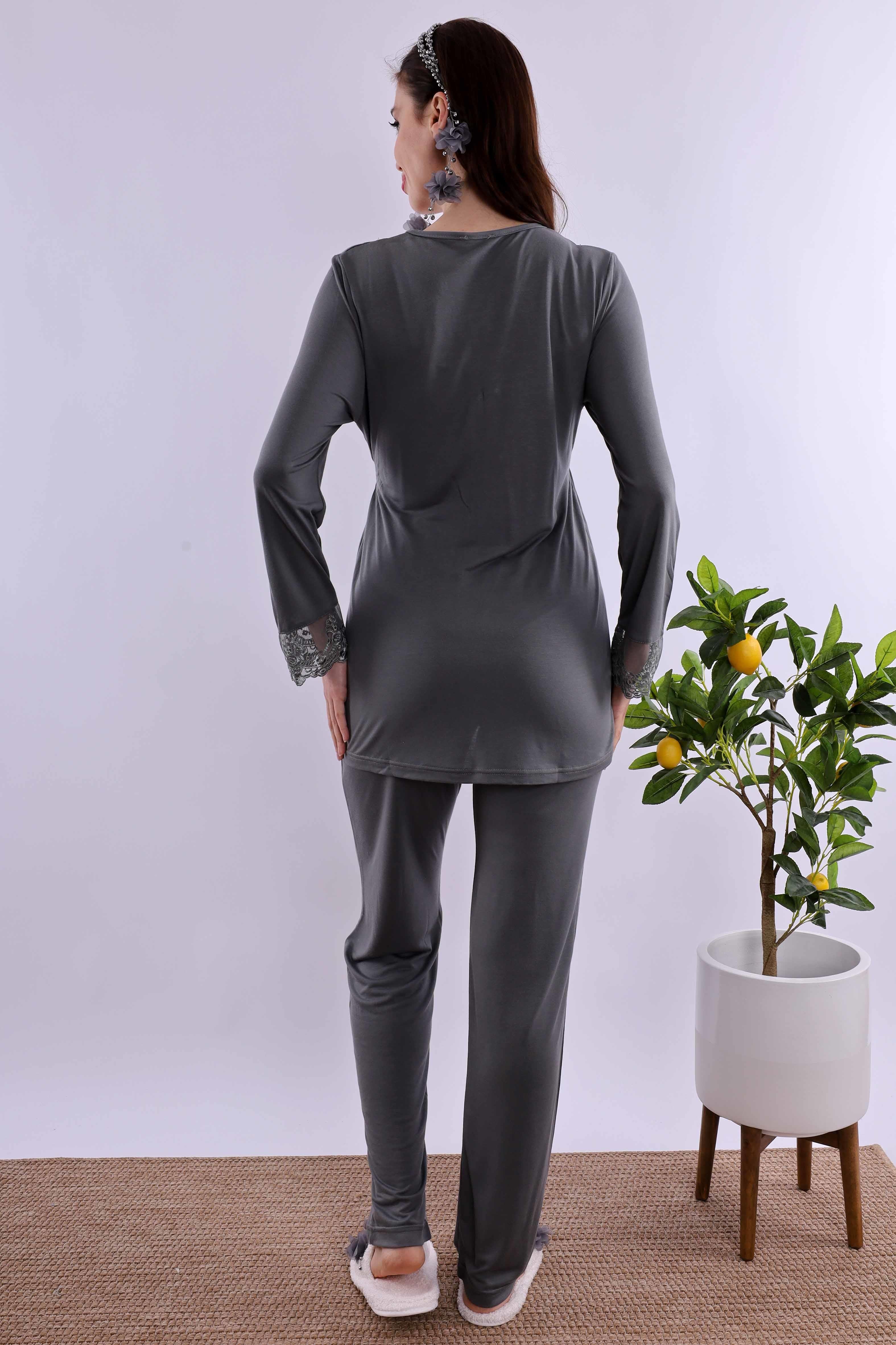 Effortt Füme Tesettürlü Sabahlıklı Hamile Lohusa Pijama Takımı BYL2T80942