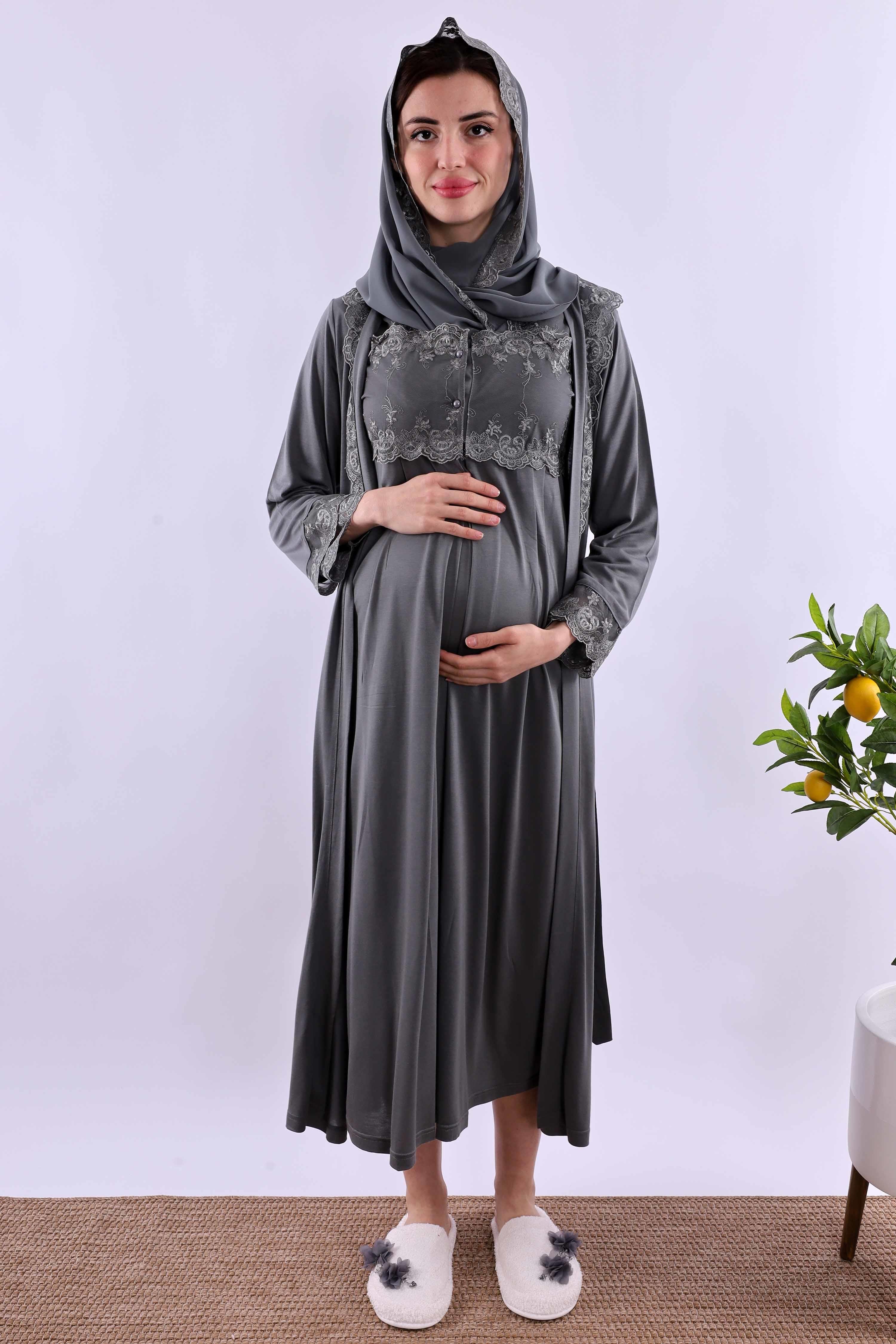 Effortt Füme Tesettürlü Sabahlıklı Hamile Lohusa Gecelik Takım BYL2T24022